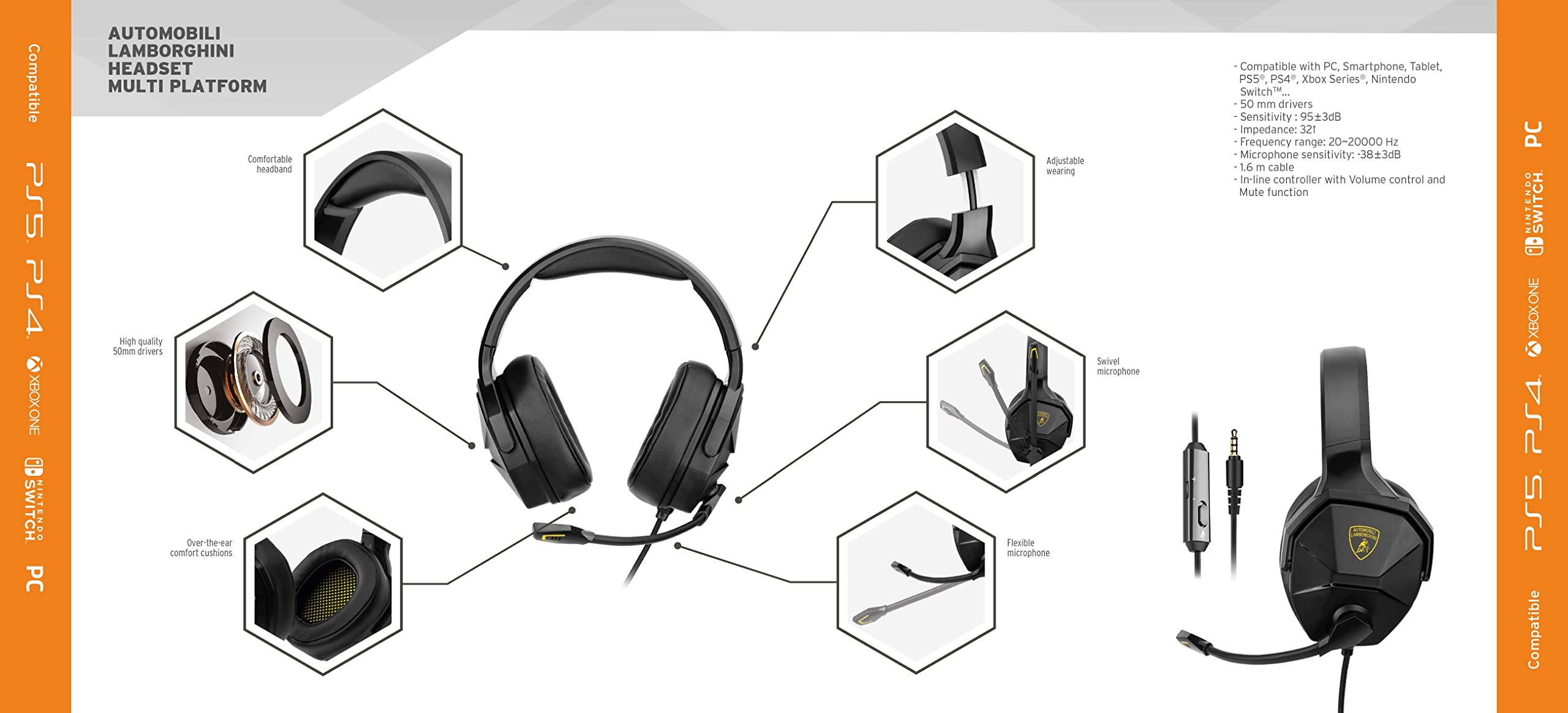 Automobili Lamborghini Cuffie Gaming con microfono per PC PS4 PS5 Xbox Smartphone Nintendo Switch multi piattaforma alta fedeltà