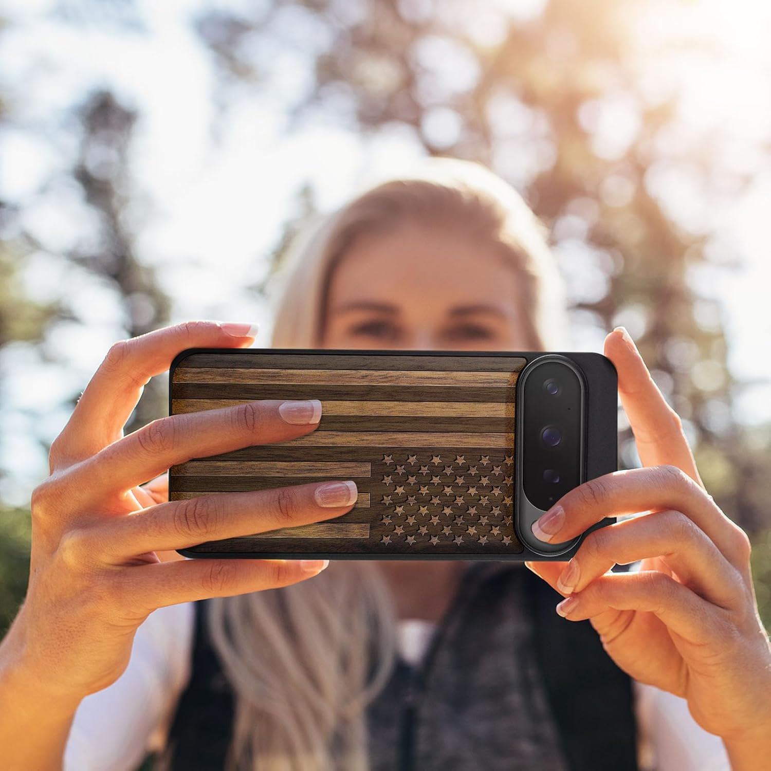 Carveit Magnetic Wooden Case for Pixel 9 Pro Google 9 Pro Case, Wood Artisan Engraved & Soft TPU Shockproof Cover, Compatible with MagSafe Wireless Chargers (American Flag) Walnut