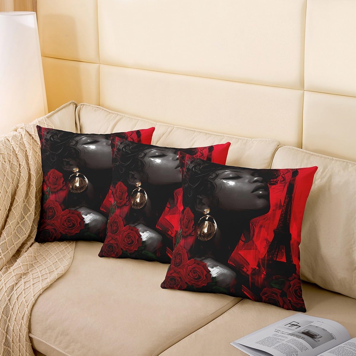 Red Rose Pillow Covers for Couch Sofa Bed,Romantic Valentine's Day Flowers Floral Pillow Cases Cushion Covers 24"x24" Set of 2,African Ethnic Style Hand Drawn Graffiti Square Cushion Cases Set