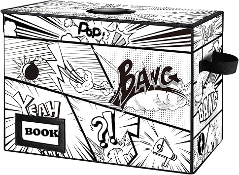 Comic Book Storage Box, 15.8" X 7.8" X 11.8", Heavy Duty Collapsible Holds 160-180 Comic Book Bin Container Holder Shelf Cartoon Bombs
