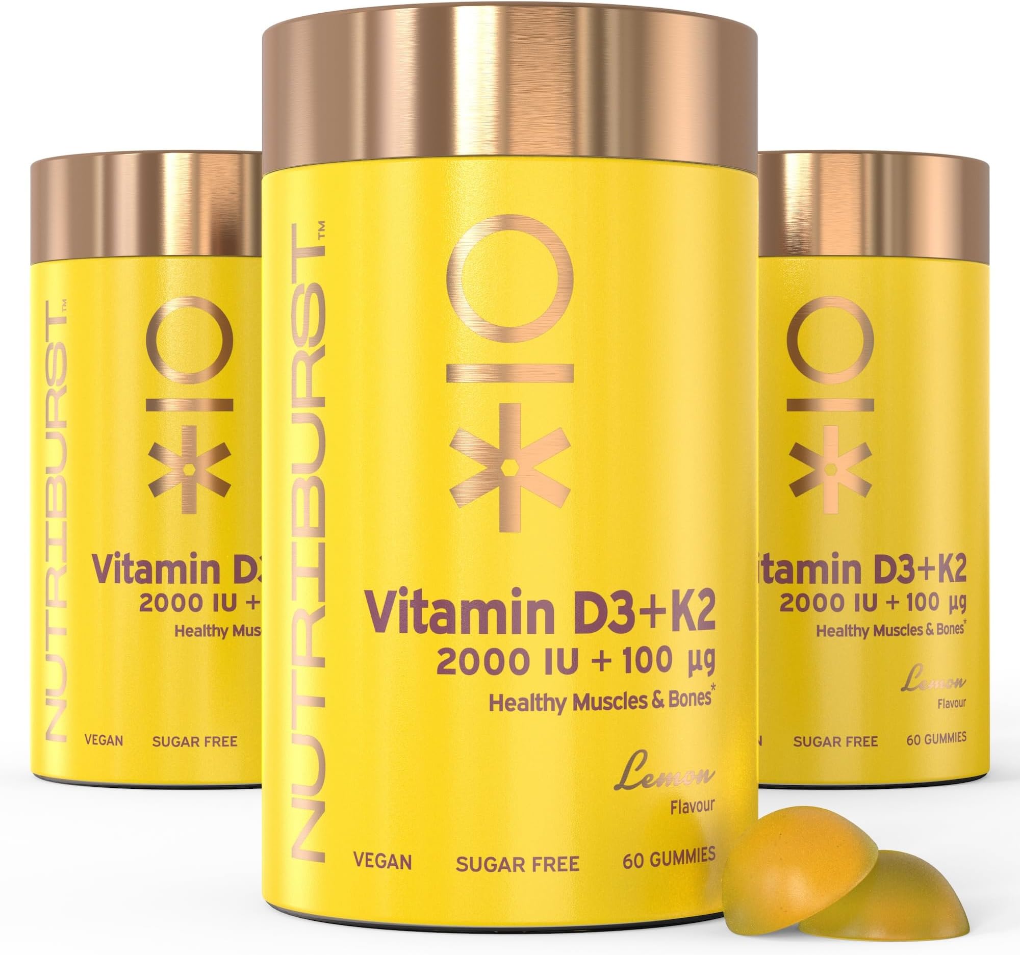 Nutriburst Vitamin D3 (200IU) + K2 (100µg) Multipack - Essential Nutrients to Support Bone Health, Skeletal & Immune Function - Vegan & Sugar Free - 180 Lemon Gummies - 3 Month Supply