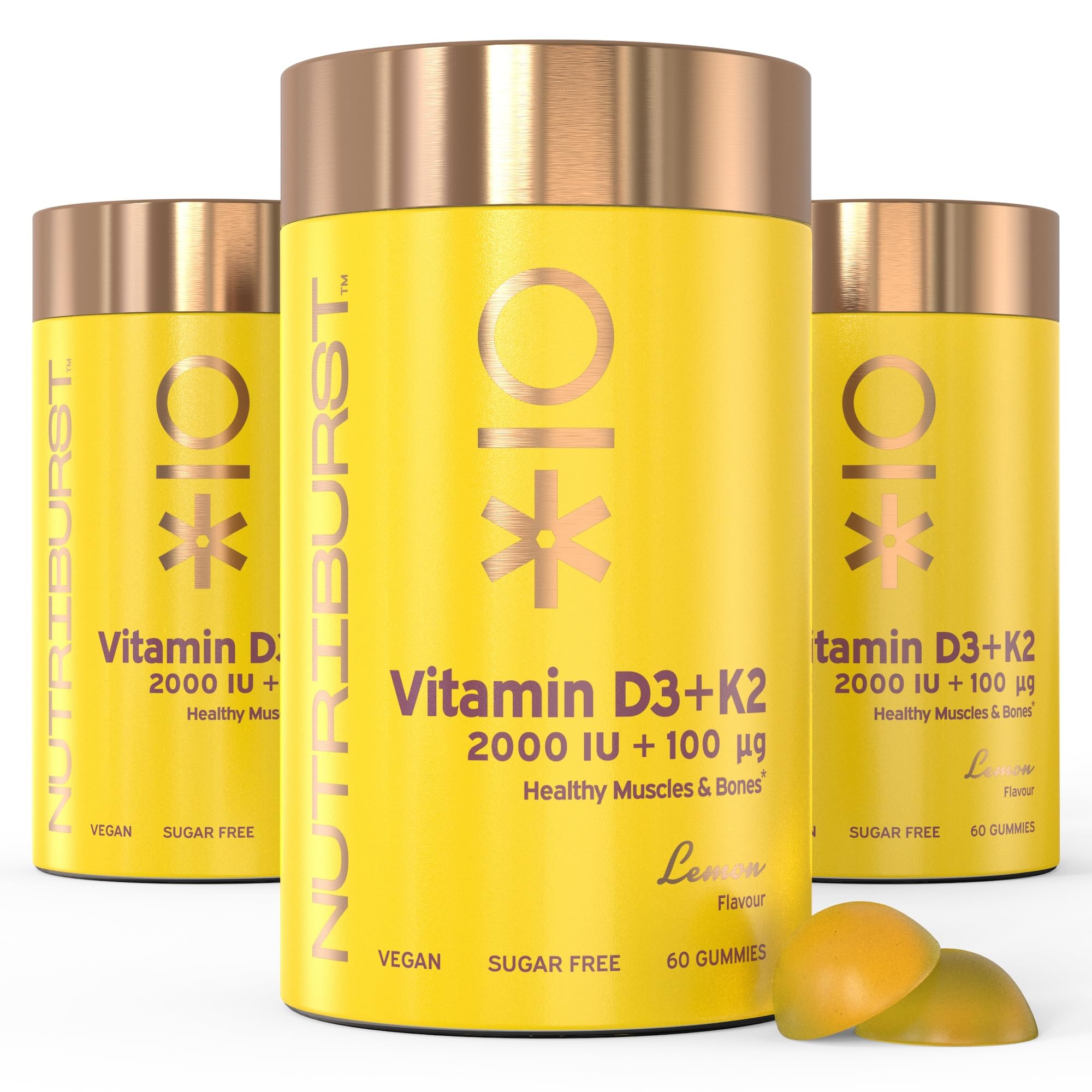 Nutriburst Vitamin D3 (200IU) + K2 (100µg) Multipack - Essential Nutrients to Support Bone Health, Skeletal & Immune Function - Vegan & Sugar Free - 180 Lemon Gummies - 3 Month Supply