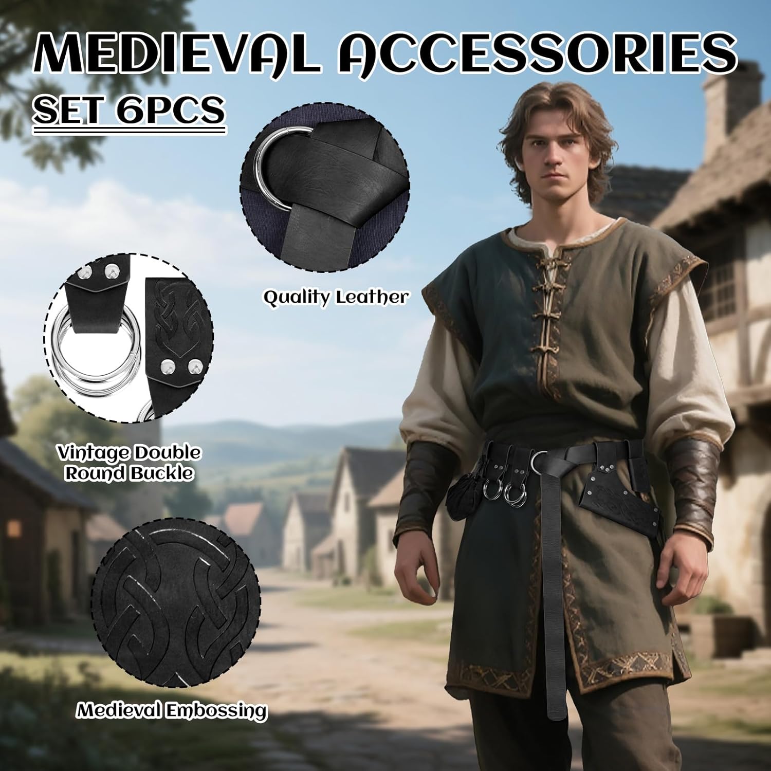 Renaissance Belt Pouch Medieval Viking Pirate Leather Bag Potion Bottle Set Skirt Hike Halloween Cosplay Costume Accessorie (Black-A, Belt Pouch) - Image 3