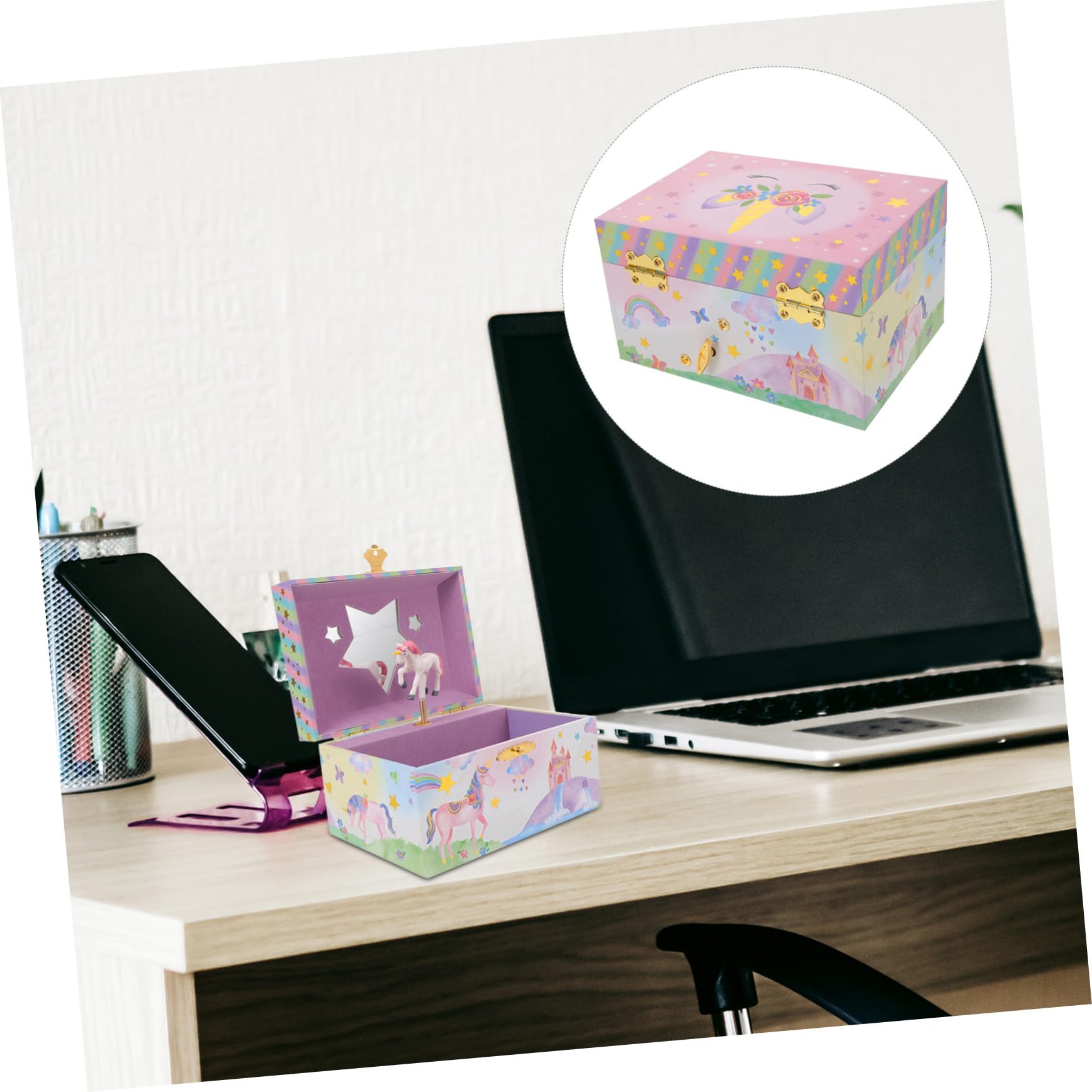 SHERCHPRY Caja de Música con Diseño de Unicornio para Niñas, Joyero Musical de Madera Multifuncional con Compartimentos para Cumpleaños y Decoración