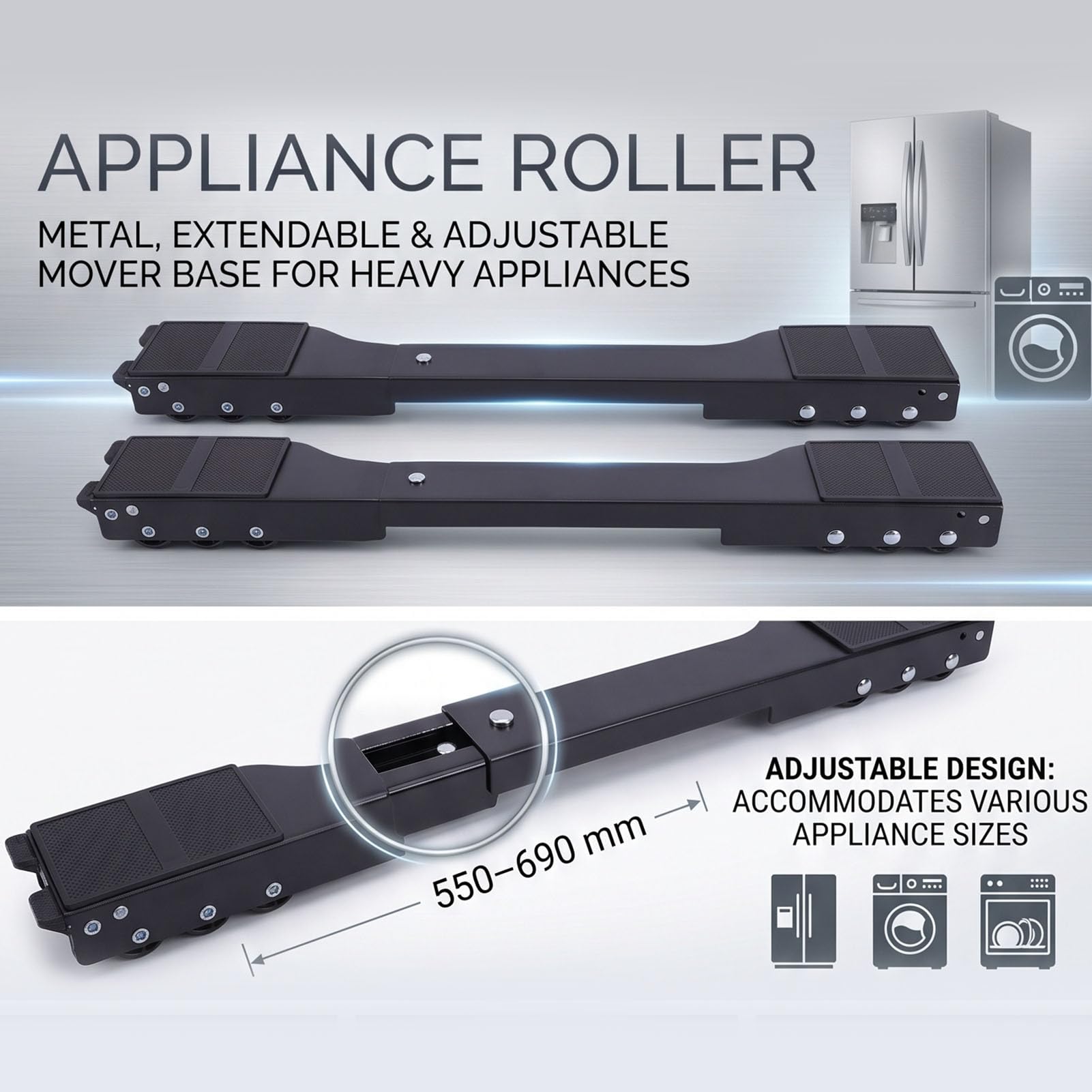 VBESTLIFE Rodillo para Electrodomésticos, Base Ajustable para Lavadora de 550-690 Mm con 36 Ruedas y Cerraduras Antivibración para Refrigerador y Congelador (Ruedas Negras)