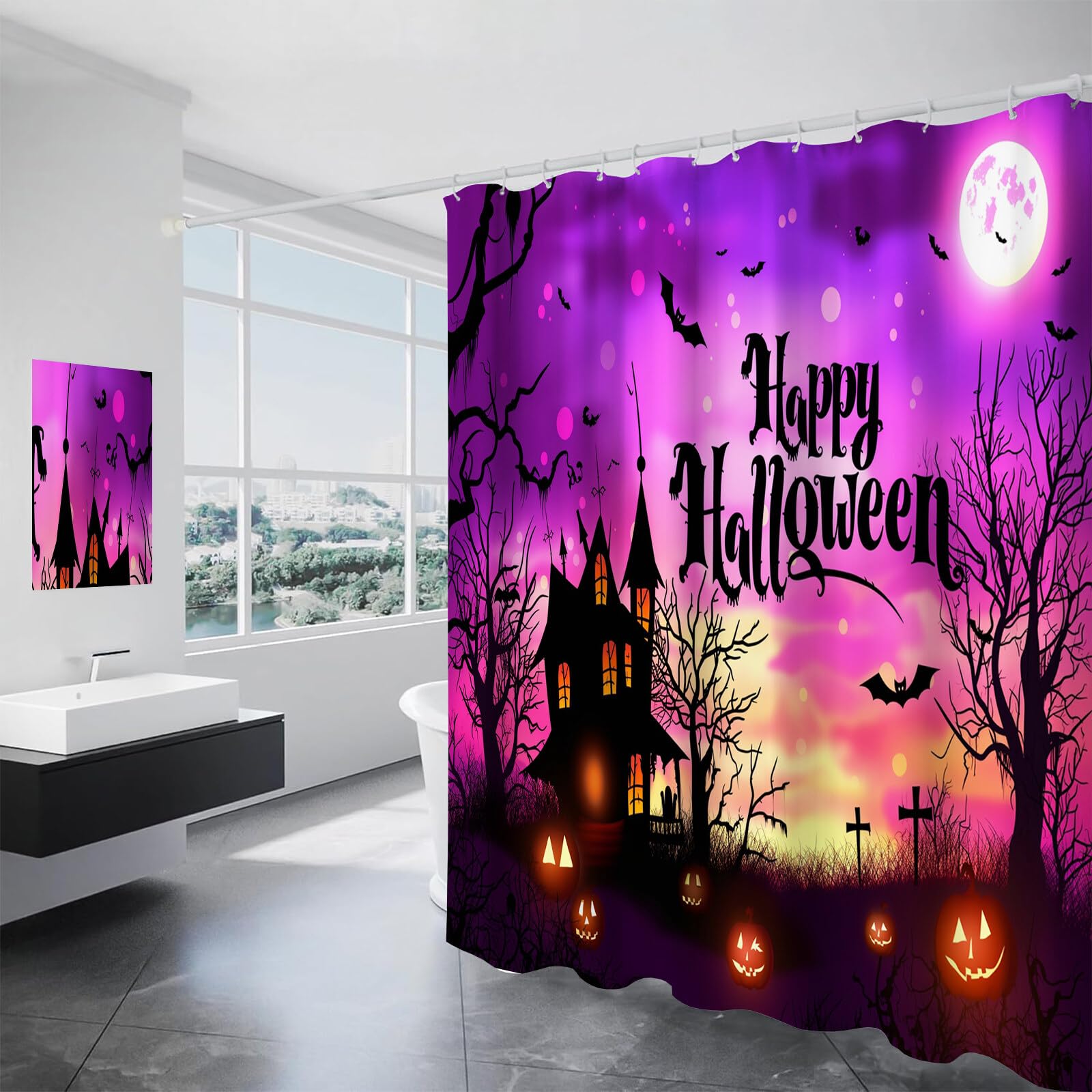 Duschvorhang Kürbis Mit Fledermausmotiv Aus Einem Spukhaus H240Xb200Cm | Cartoon-Fantasy Halloween Wasserdichter Stoff Maschinenwaschbarer Badezimmervorhang Mit Haken