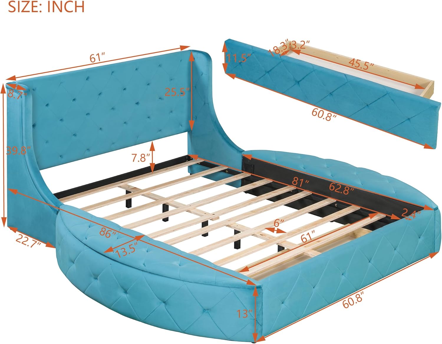 Bellemave Velvet Upholstered Queen Platform Bed with Storage, Queen Size Bed Frame with Headboard, 1 Big Drawer and 2 Side Storage Stool, Strong Wooden Slats/Easy Assembly (Blue)