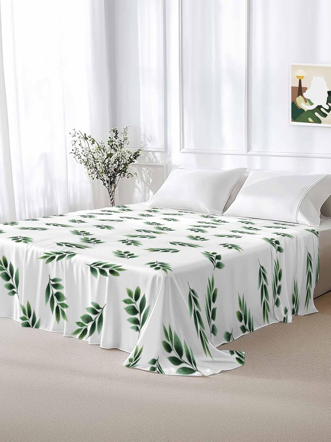 Top Sheet Full Bedding Flat Sheet Only, Watercolor Spring Summer Green Leaves Microfiber Bed Sheets Soft Breathable Bedding Flat Sheets, Pastoral Plant Hotel Luxury Top Sheets