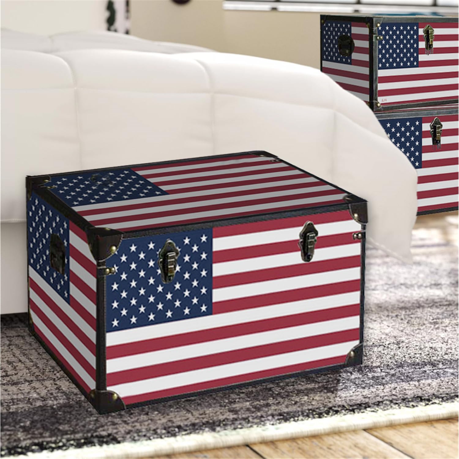 Canvas Storage Trunk Decorative Wood Chest for Home Organization