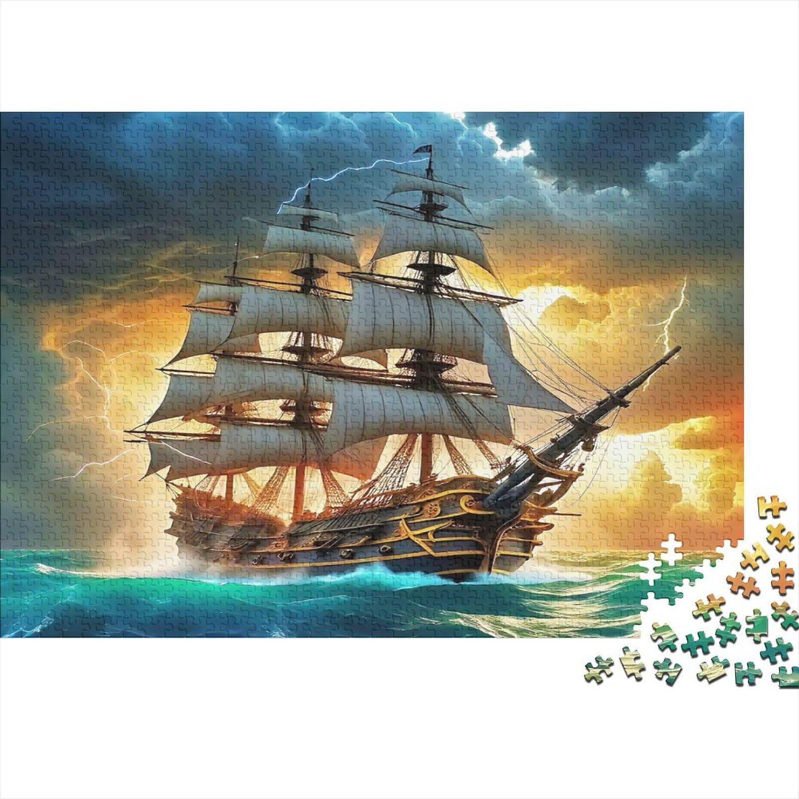 Sailing Ship 1000 Piece Jigsaw Puzzle Paper Adult Puzzle Game for Family Ocean Sunset Relaxation Home Decor Gift 38x26cm/1000pcs