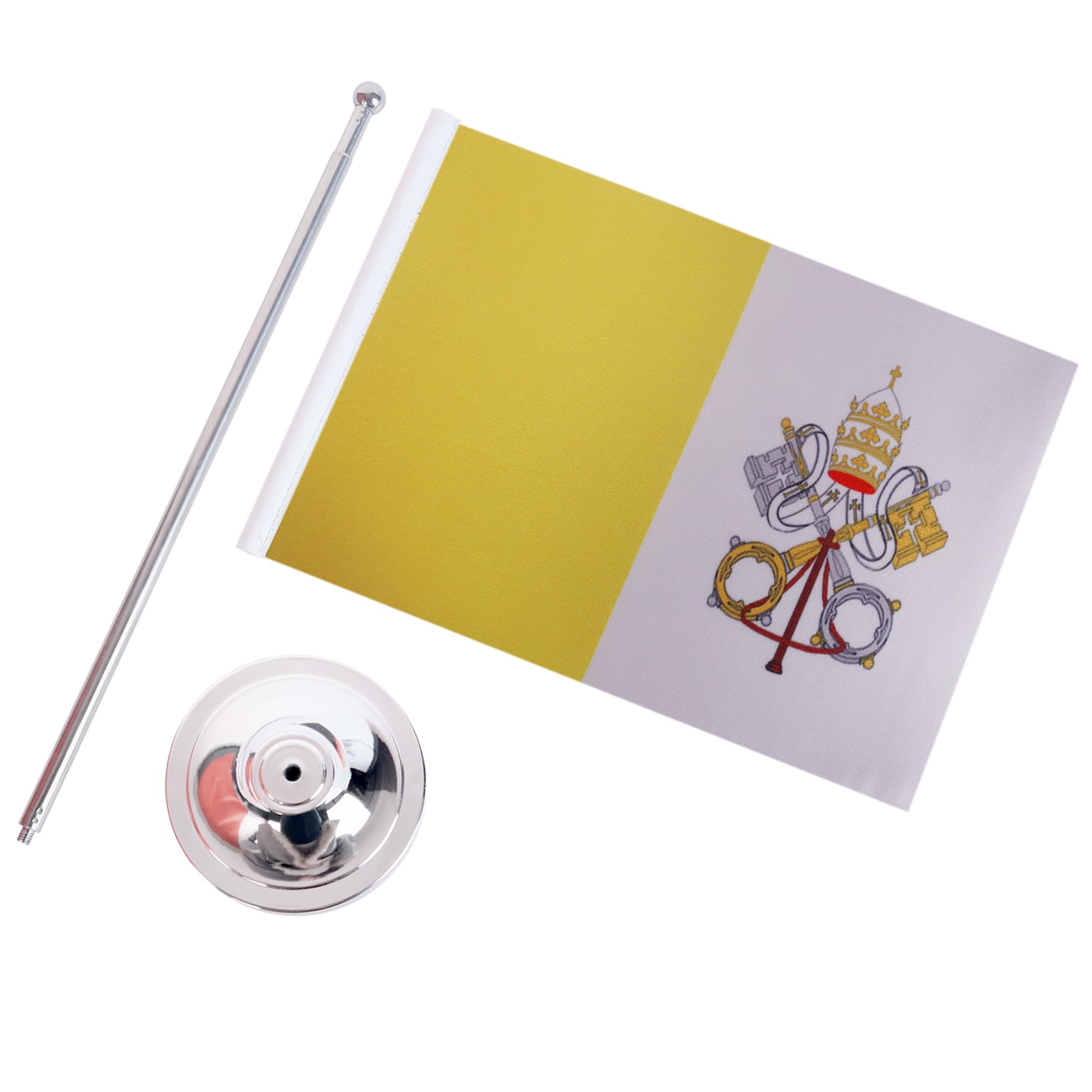 AZ FLAG Drapeau de Table Vatican 22x15 cm Drapeau Vatican Satin Socle Métal | Usage intérieur Drapeau de bureau Città del Vaticano finition cousue et bords renforcés avec mât et socle métallique