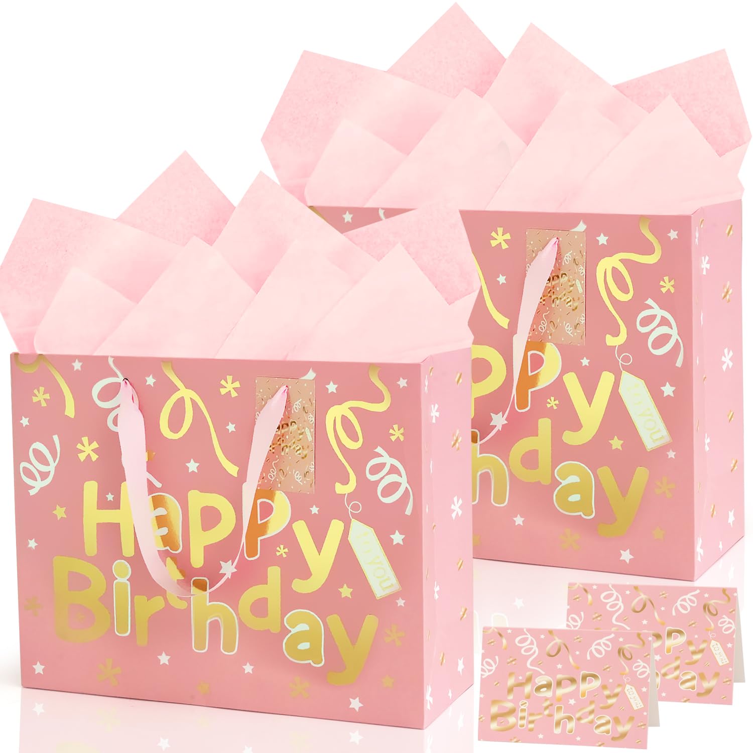 13’’ Pink Gift Bags with Tissue Paper and Greeting Card, 2 PCS Large Light Pink and Gold Foil Happy Birthday Gift Bag Set for Girls Women, Portable