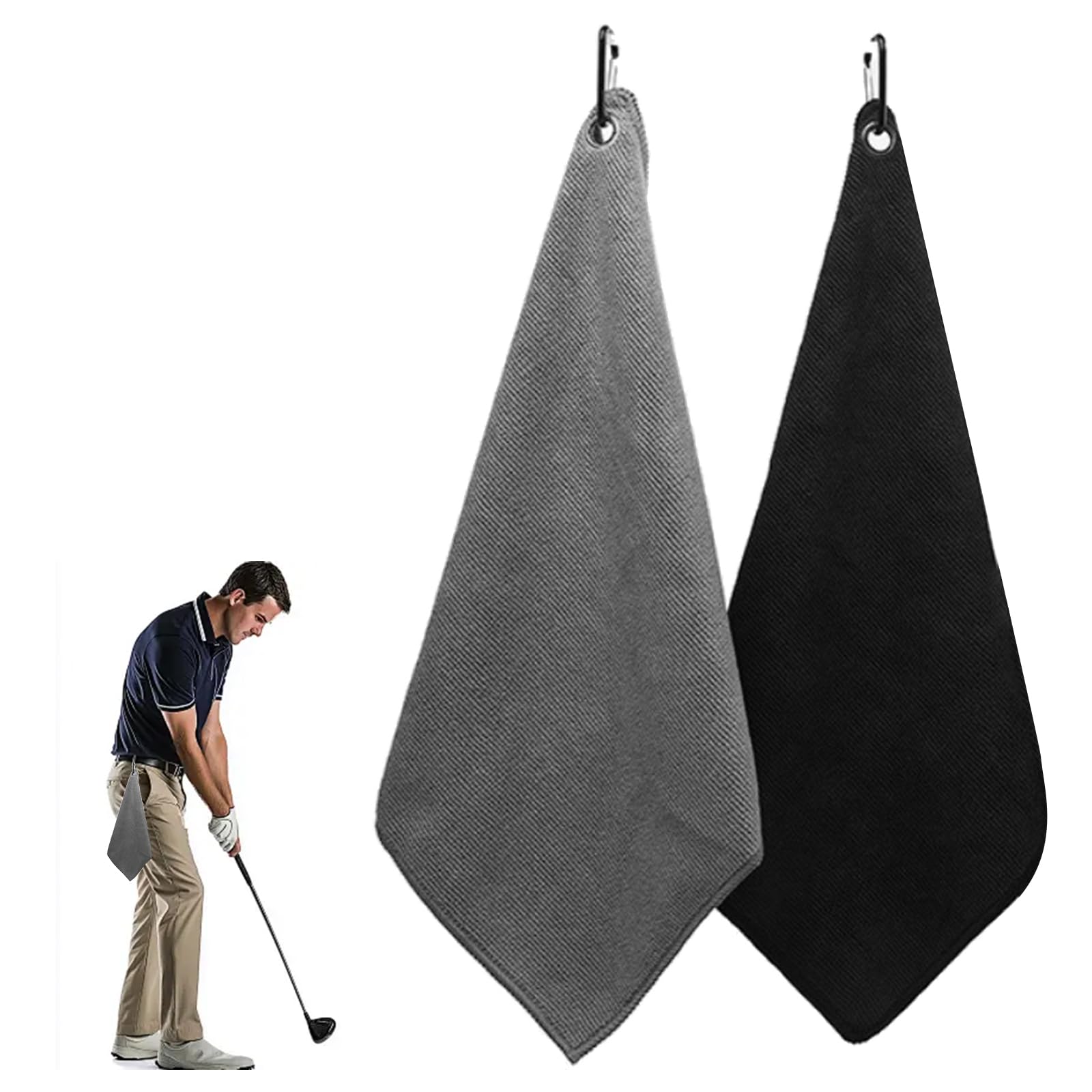 HEIZHU Golf Towels for Golf Bags with Clip, 2-Pack Microfiber Golf Towel with Carabiner for Golf Bags Fitness Sport Outdoor Yoga(2 Colors, Black & Grey)