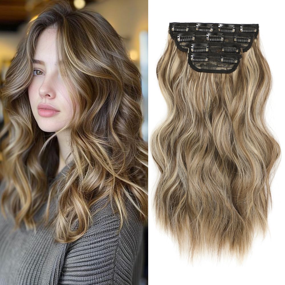 Clip in Hair Extensions 4PCS Short Wavy Hair Extensions Light Brown Highlighted Dirty Blonde 16 Inch Synthetic Hair Extensions Clip Ins Thick and Lightweight Hairpieces for Women