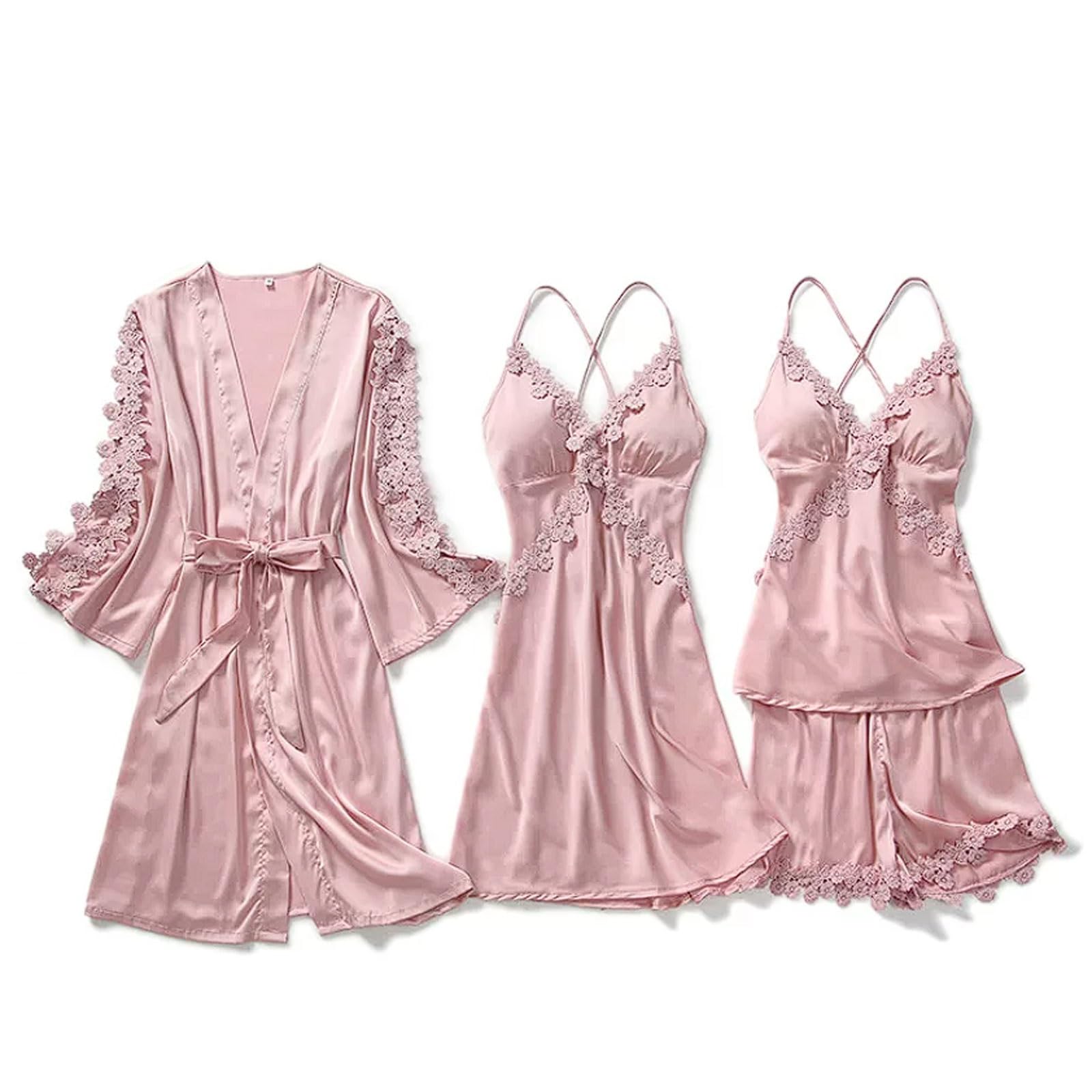 FROON Conjunto de pijama 4 piezas seda sintética verano, camisola con espalda cruzada y acolchado extraíble, bata manga larga