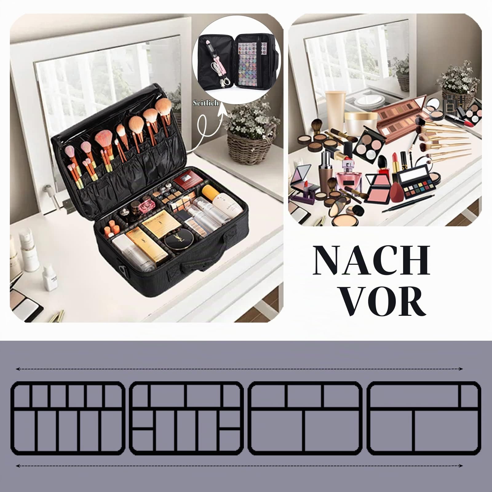 Kosmetiktasche Reise Makeup Tasche Kosmetikkoffer: Damen Schminkkoffer Extra Groß mit Fächern - Cosmetic Koffer Reise Beautycase Schminktasche Portable Kosmetik Etuis Taschen Professionelle | Schwarz