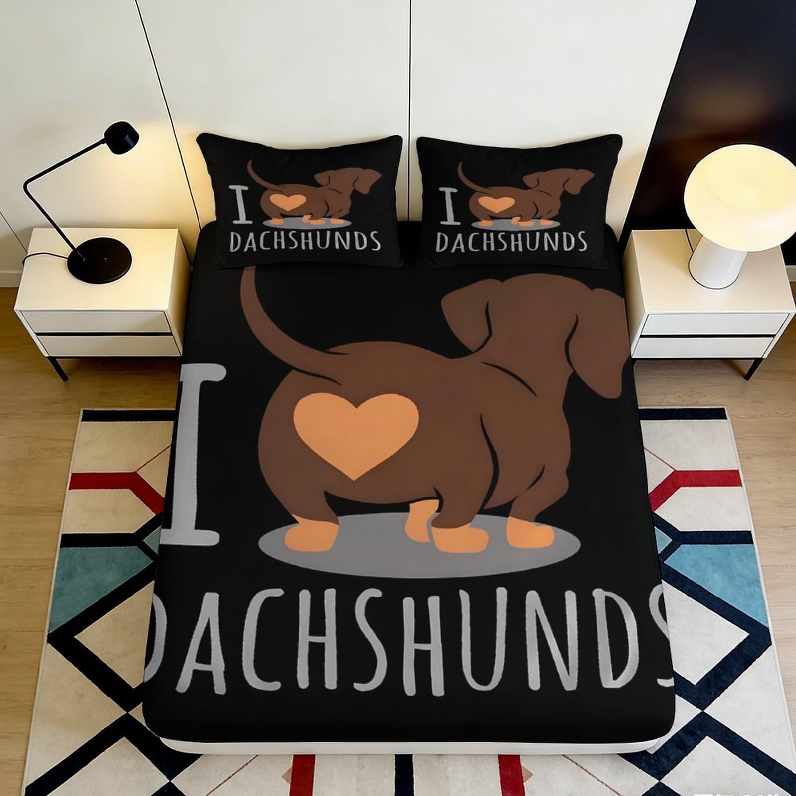 3D Printed Dachshund Pattern Fitted Sheet Microfiber Soft Breathable Black Bed Cover with Dog Print for Bedroom Dormitory Guest Room Mattress Protection 140x200x25cm