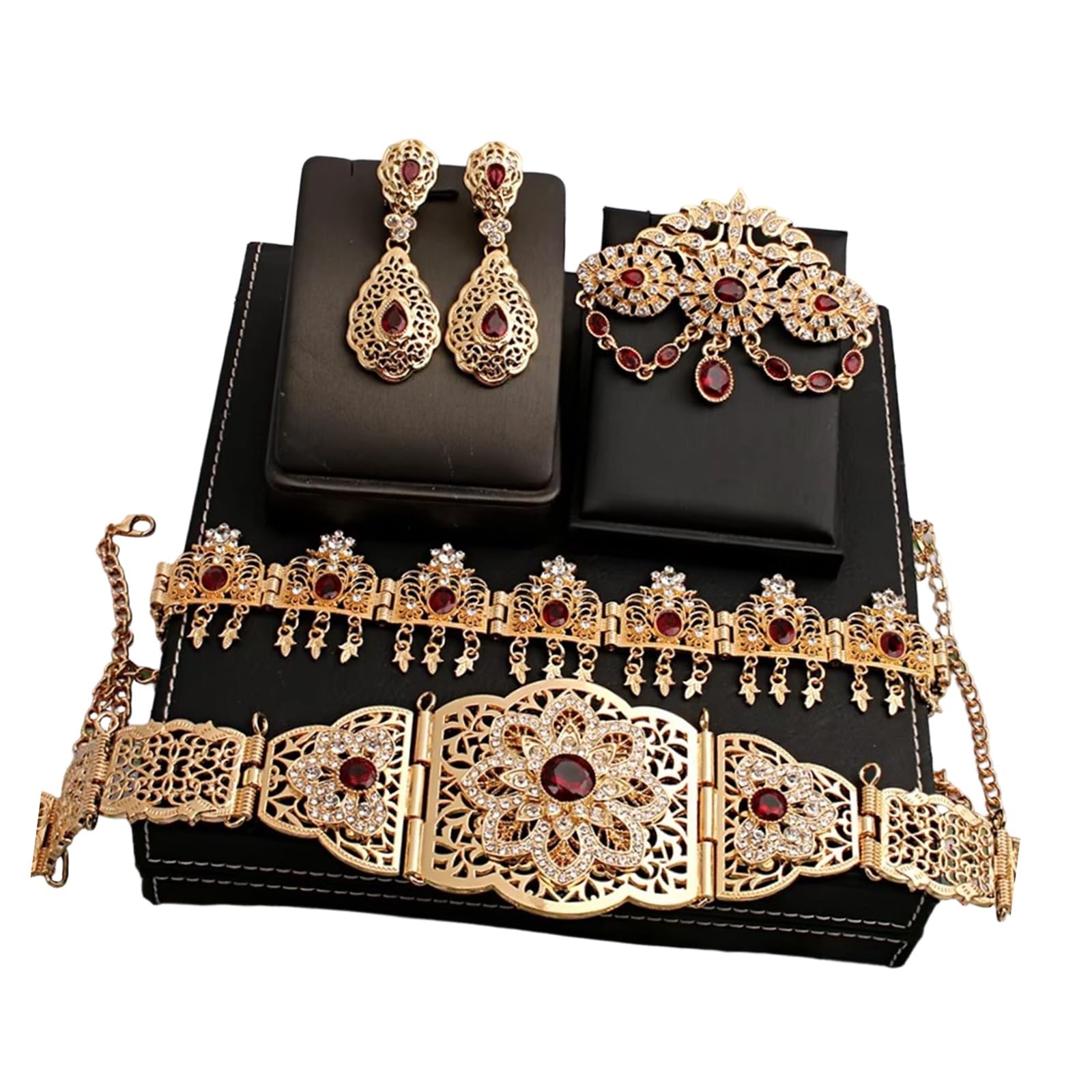 Conjunto de joyería nupcial marroquí Color chapado en oro para vestido de novia que incluye aretes con broche de cinturón en estilos árabes Conjunto de joyería de boda