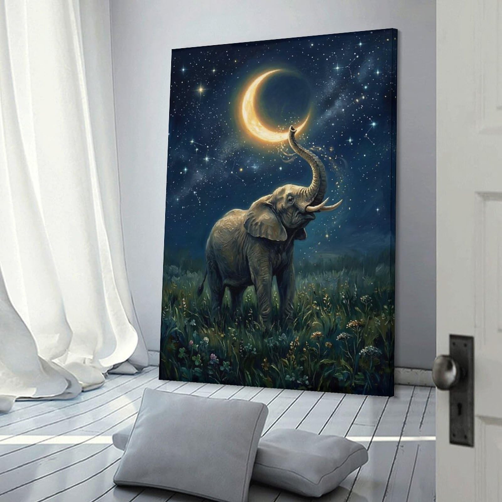Junmoney Elephant Reaching for Crescent Moon Wall Art Print 24x36inch(60x90cm), for Art Walls, Layered Displays Or Homes, Wall Decor Suited to Curated Displays