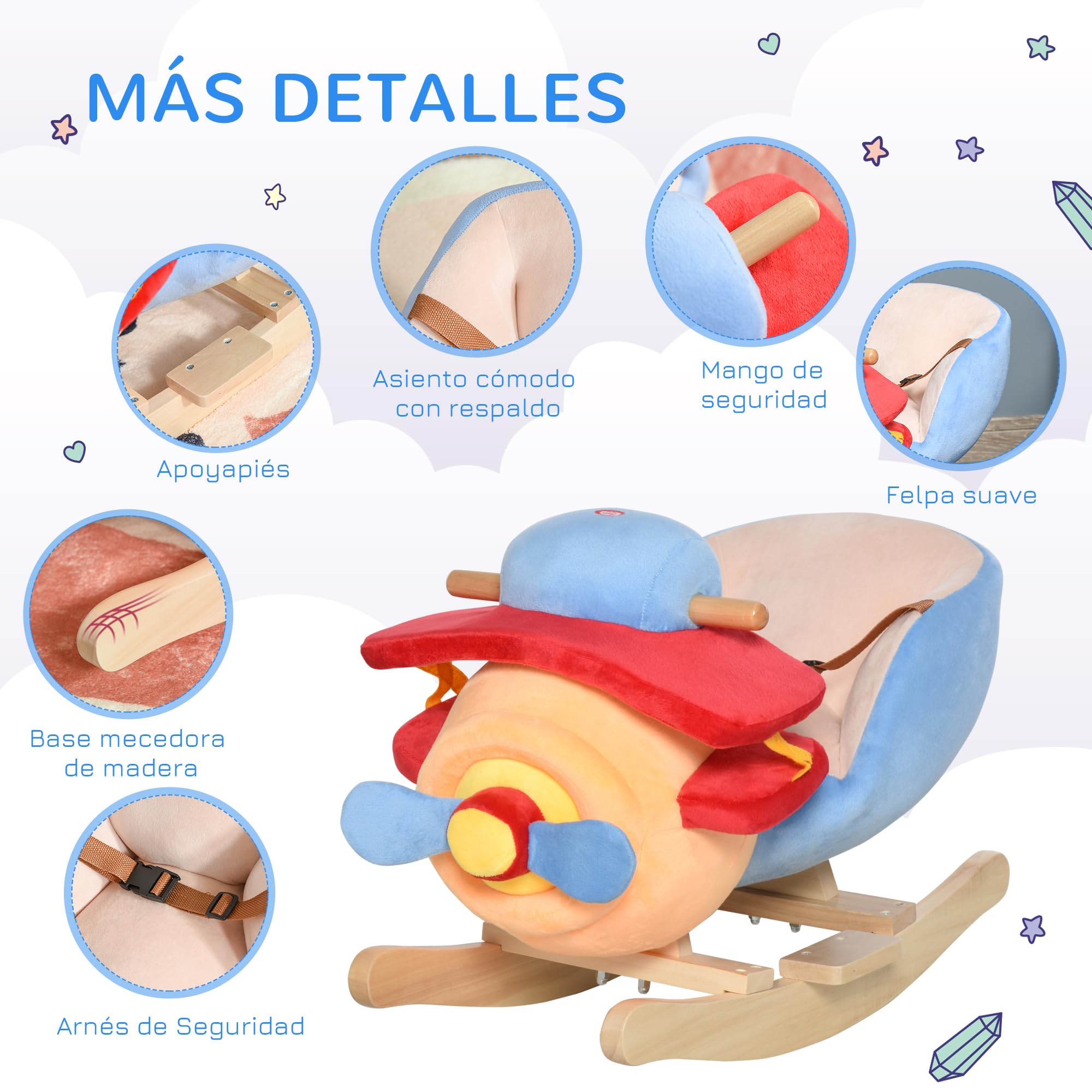 HOMCOM Caballo Balancín para Niños de +18 Meses Avión de Peluche con Música y Arnés de Seguridad Caballo de Juguete Carga 60 kg 60x33x45 cm Multicolor