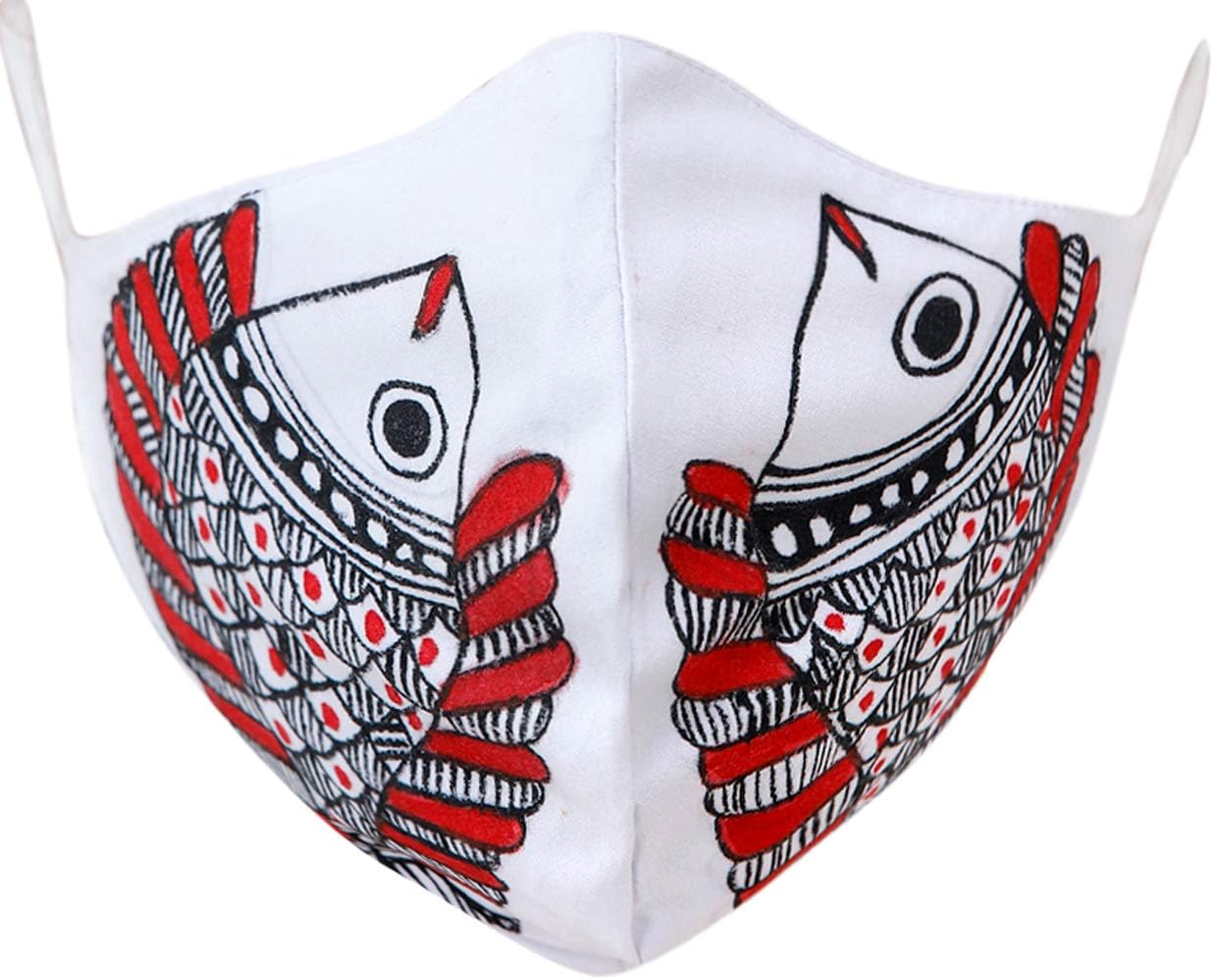 Exotic India Two Ply Cotton Fashion Mask with Hand-Painted Madhubani Mot - White