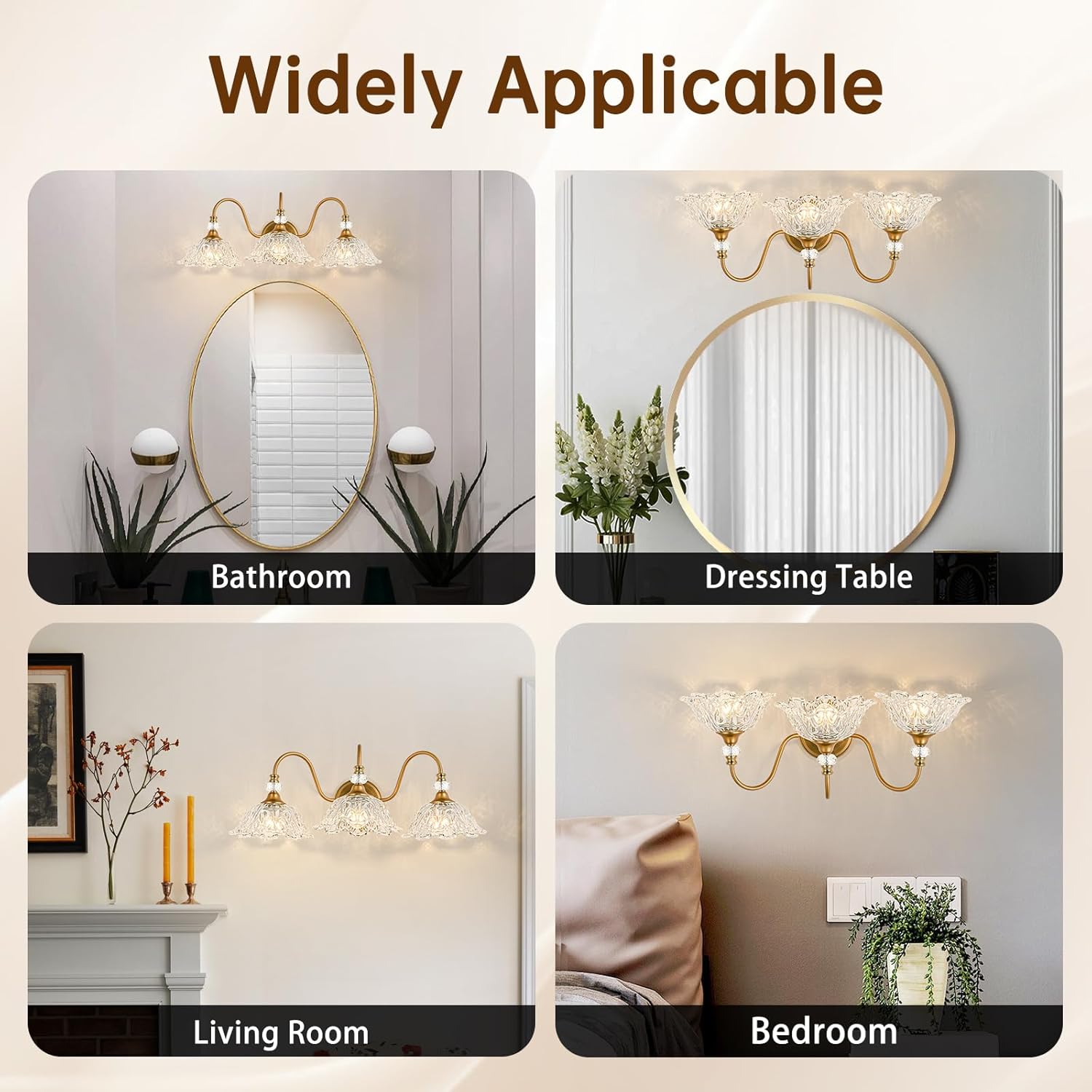 Vintage Bathroom Vanity Light, 3-Light Matte Brass Finish Vanity Light with Floral Clear Glass Shades, Retro Wall Sconce for Bathroom, Dressing Table