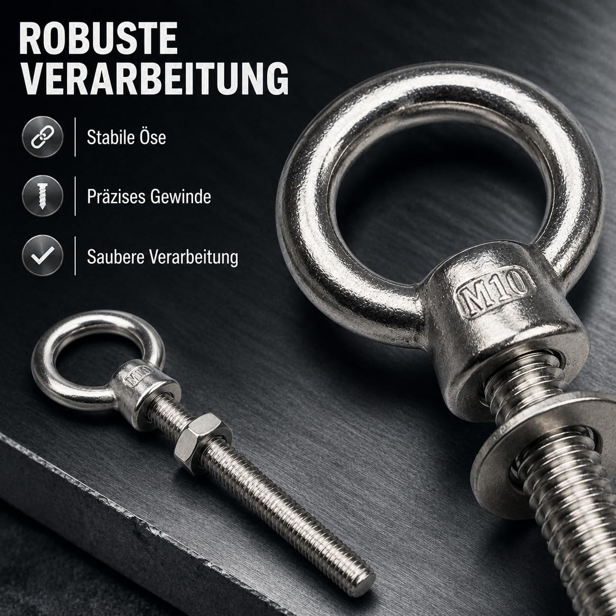 ORTAVA Viti ad anello lunghe, M10 x 120 mm, 2 viti ad occhio con rondelle e dadi esagonali, in acciaio inox 316 V4A A4, bulloni ad occhio per fissaggio e sospensione