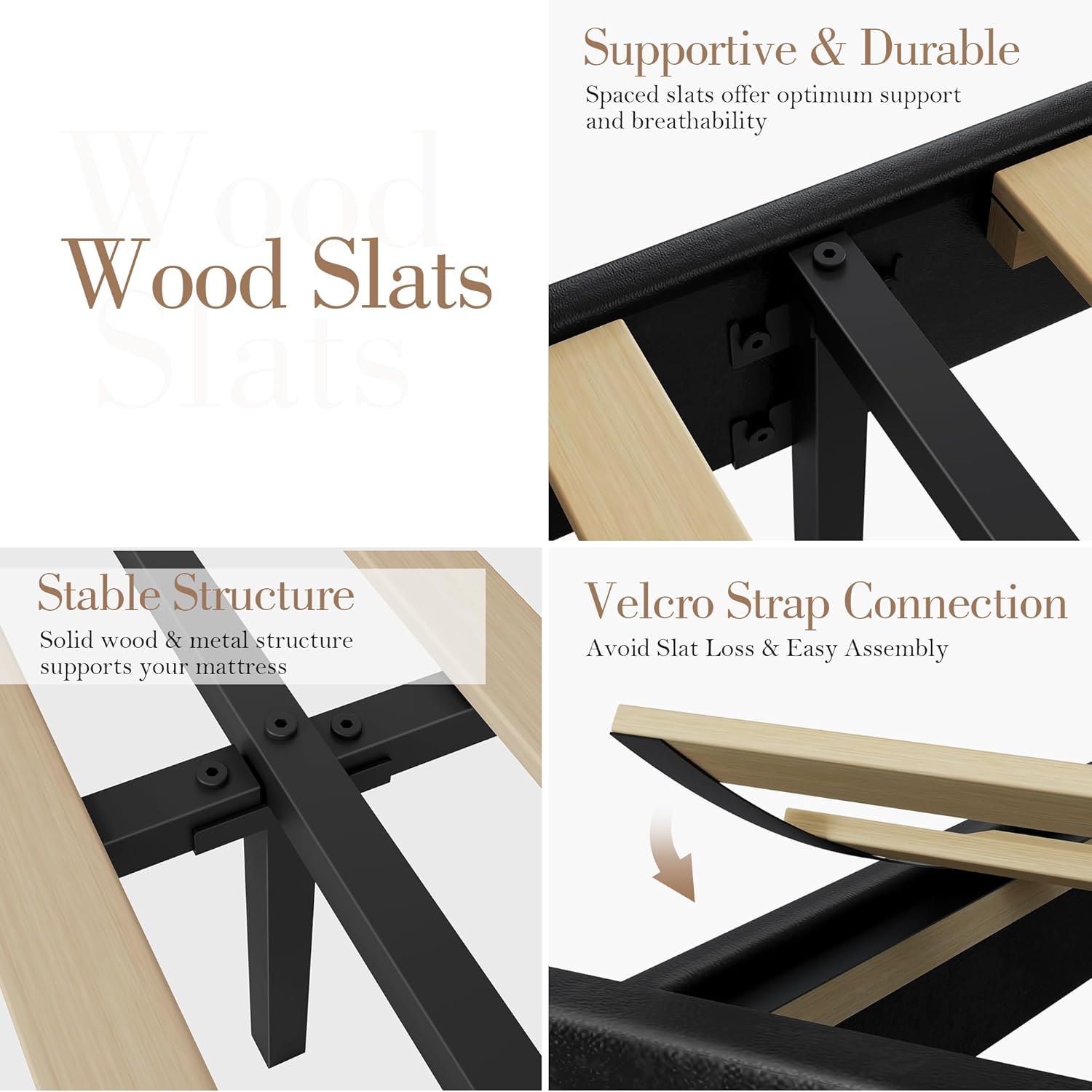 Queen Bed Frame, Leather Upholstered Headboard with LED Lights and Charging Station, Heavy Duty Wood Slats No Box Spring Needed - Easy Assembly and Noise Free - Image 5