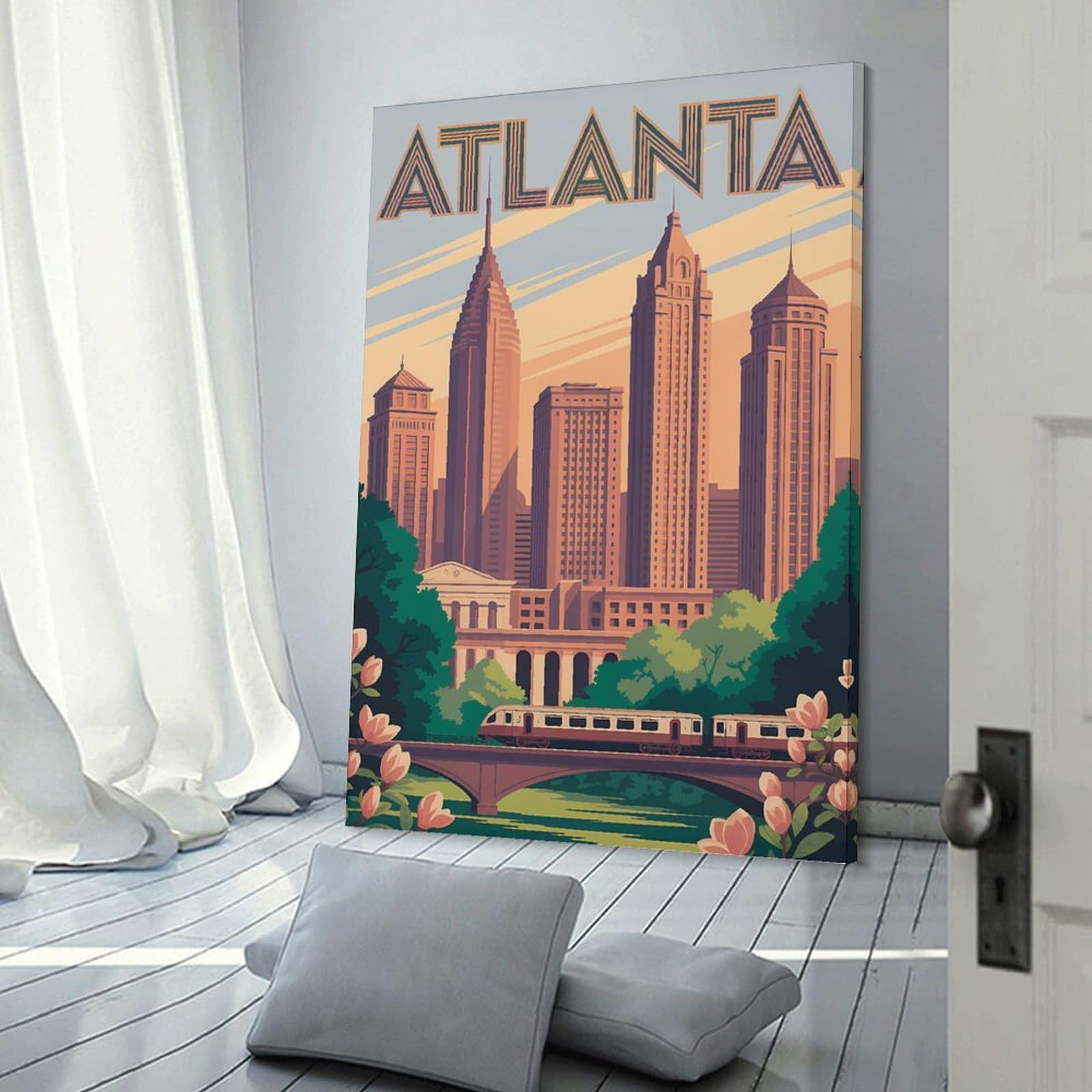 Junmoney Wall Decor Canvas Print Atlanta Skyline with Train, 20x30inch(50x75cm), for Bedroom Walls, Guest Spaces Or Lounges, Decorative Wall Art for Cosy Rooms