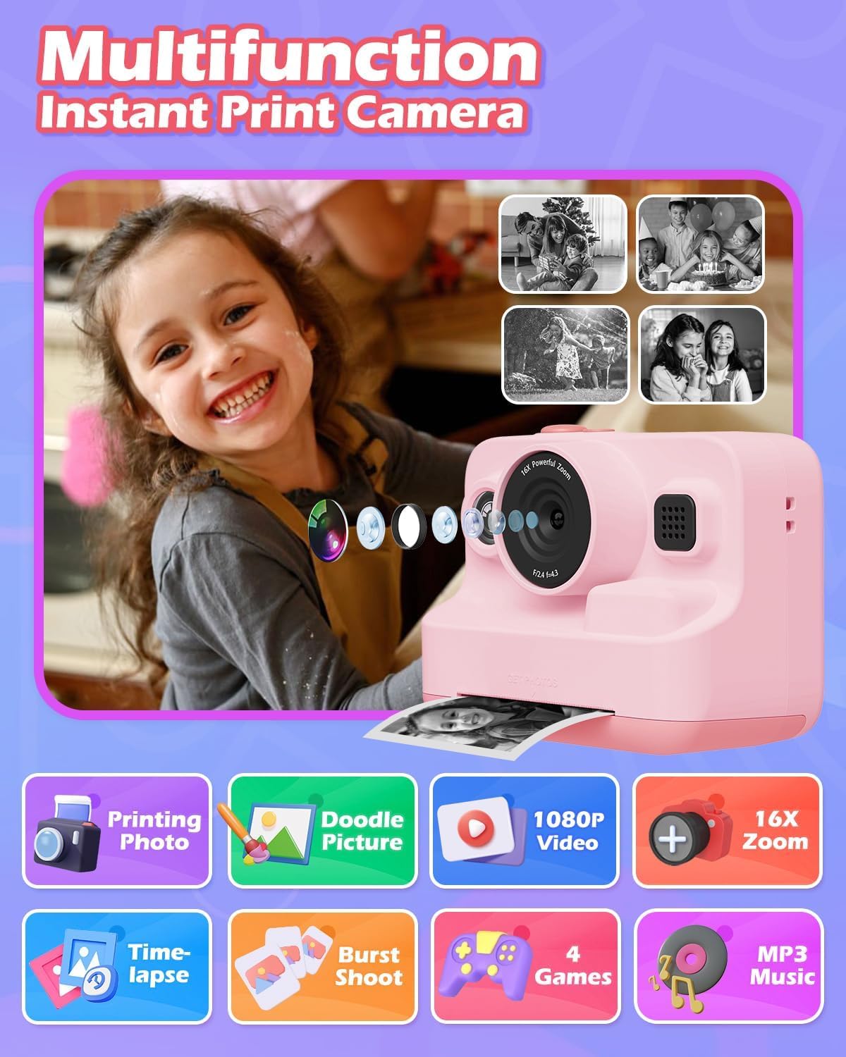 Camera Instant Print, 1080P Kids Digital Camera with Printer Paper, Christmas Birthday Gift for Girls (Pink) - Image 2 thumbnail