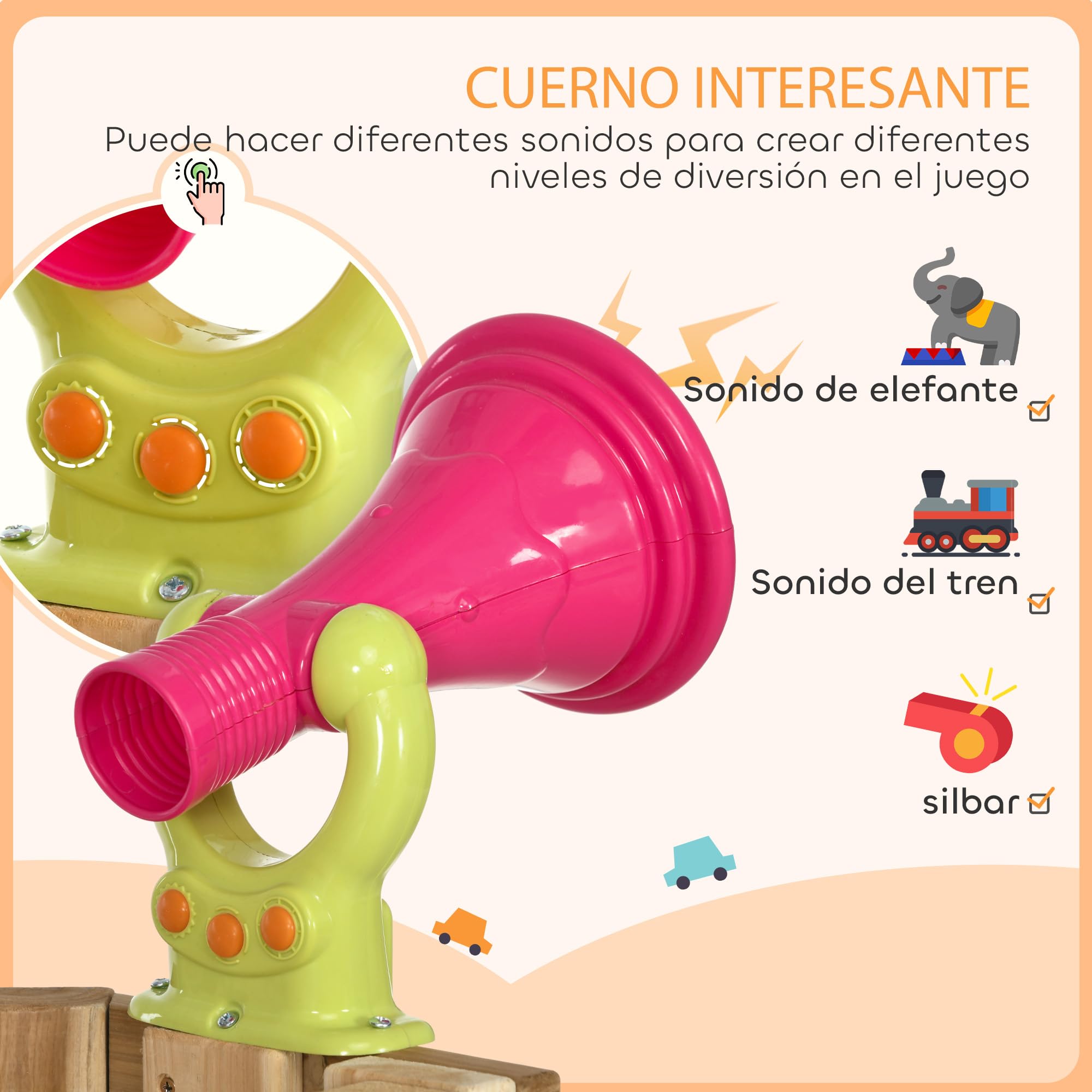 Outsunny Columpio y Tobogán Infantil, 5 en 1, Parque Infantil Exterior de Madera con Columpio, Tobogán, Volante, Bocina, Teléfono, para Niños de 18-48 Meses, para Patio, Césped, Rojo