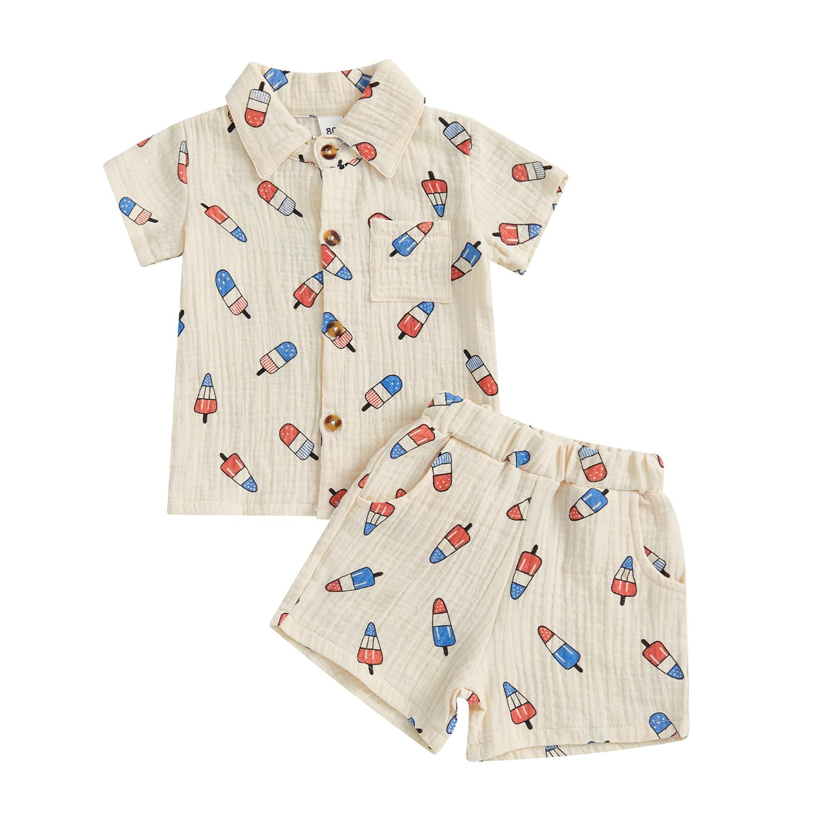 Mobbdow Baby Boy 4th of July Clothes Popsicle Muslin Button Down Short Sleeve Shirts and Shorts Set Toddler Patriotic Outfit (Light Khaki, 2-3 Years)