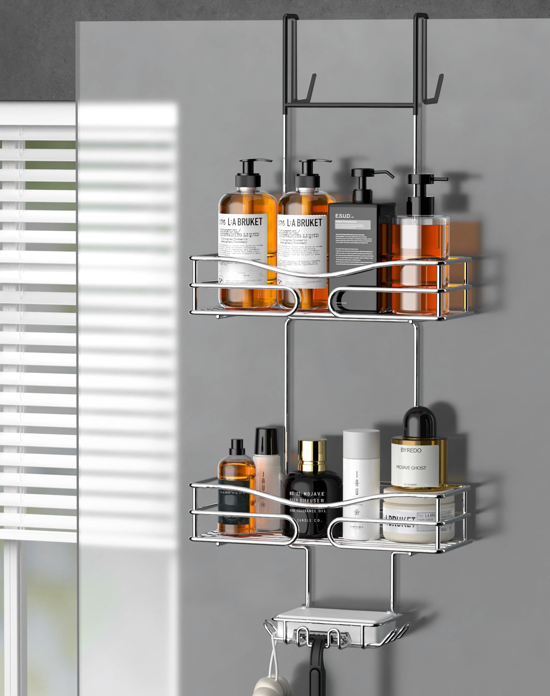 Over Door Shower Caddy 2-Tier Bathroom Shelf with Soap Holder and Hooks, Stainless Steel Storage Organizer, Rust Proof, Silver