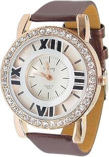 Qtqgoitem Women Plastic Rhinestone Round Dial Faux Leather Band Watch Coffee Color (Model: 5cd 3c3 eb7 8b0 5a6)