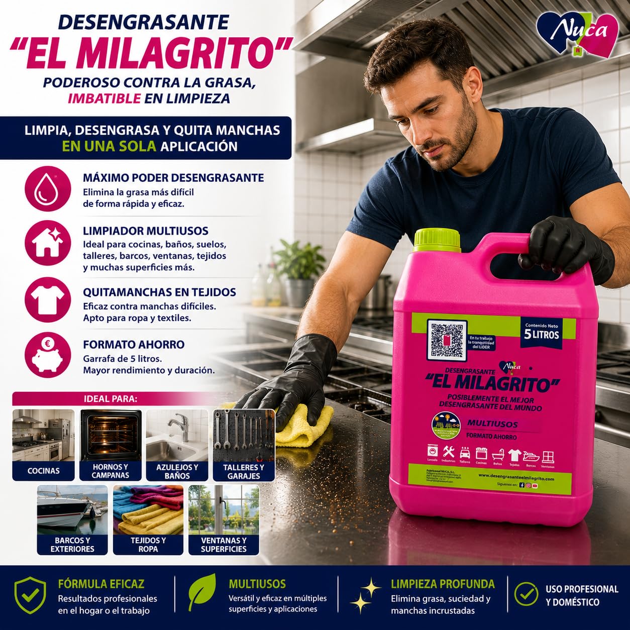 RASMACOR | El Milagrito Desengrasante 5 L | Pack 3 Unidades | Quitamanchas y Limpiador Multiusos | Para Cocina, Baño, Ropa y Taller