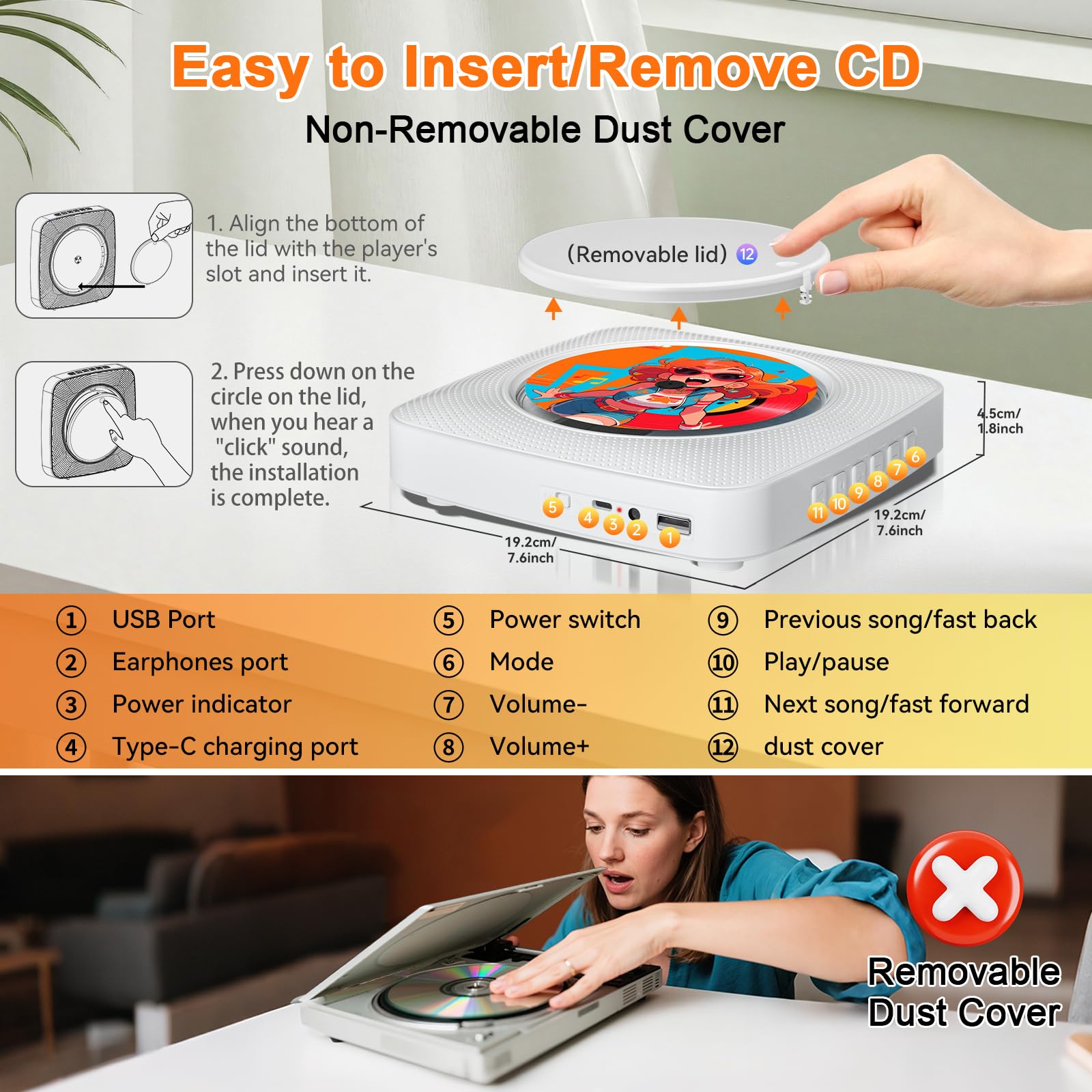 Gueray Lecteur CD Portable Enfant : Lecteurs CD Bluetooth pour la Maison avec Haut-parleurs Batterie 1800 mAh Télécommande Couvercle Anti-poussière Amovible Lecteur CD Mural avec Radio USB AUX Blanc