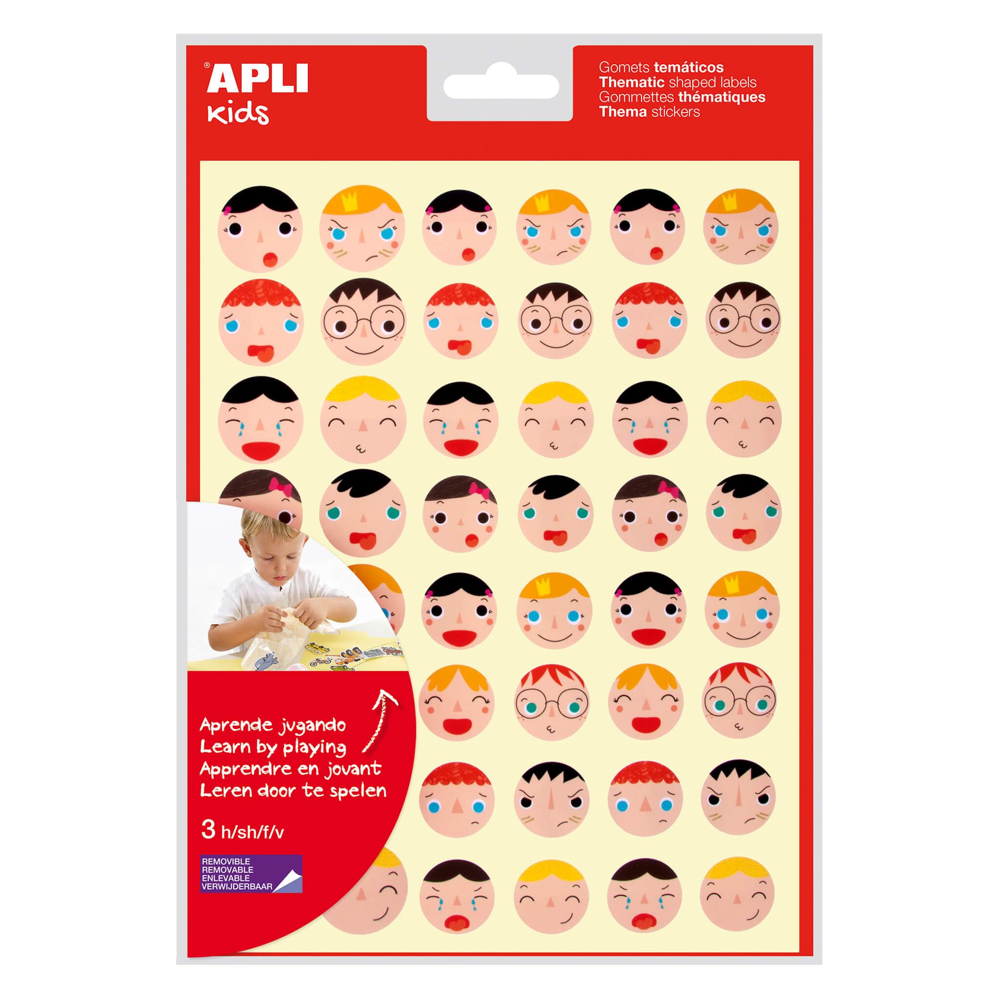 APLI Kids 18770 - Bag of 144 Gummies with Emotions Faces in 2 Sizes, Removable Adhesive, 3 Sheets