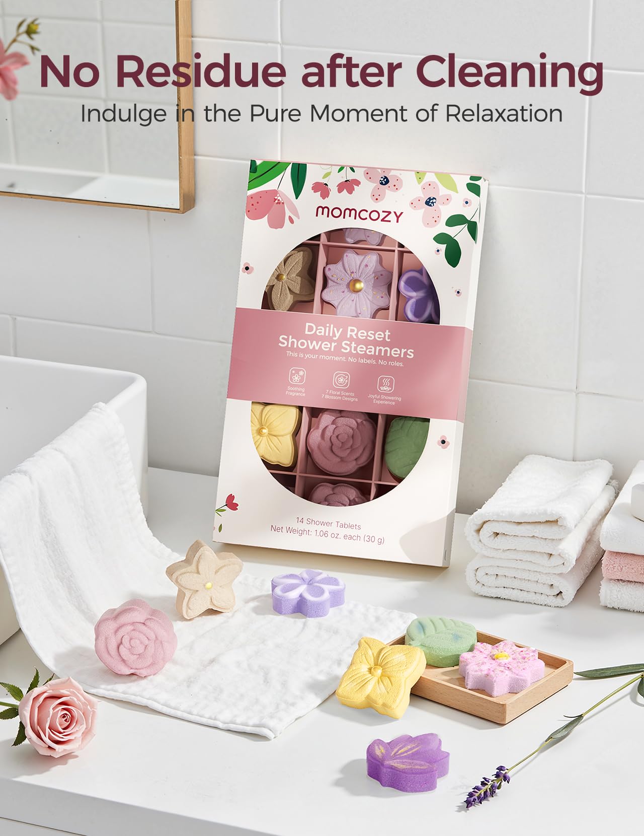Momcozy Shower Steamer zestaw 14 sztuk z 7 kwiatowymi bombami pod prysznic dla kobiet, tabletki pod prysznic, relaks wellness w domu, idealny pomysł na prezent, prezent bożonarodzeniowy dla mamy