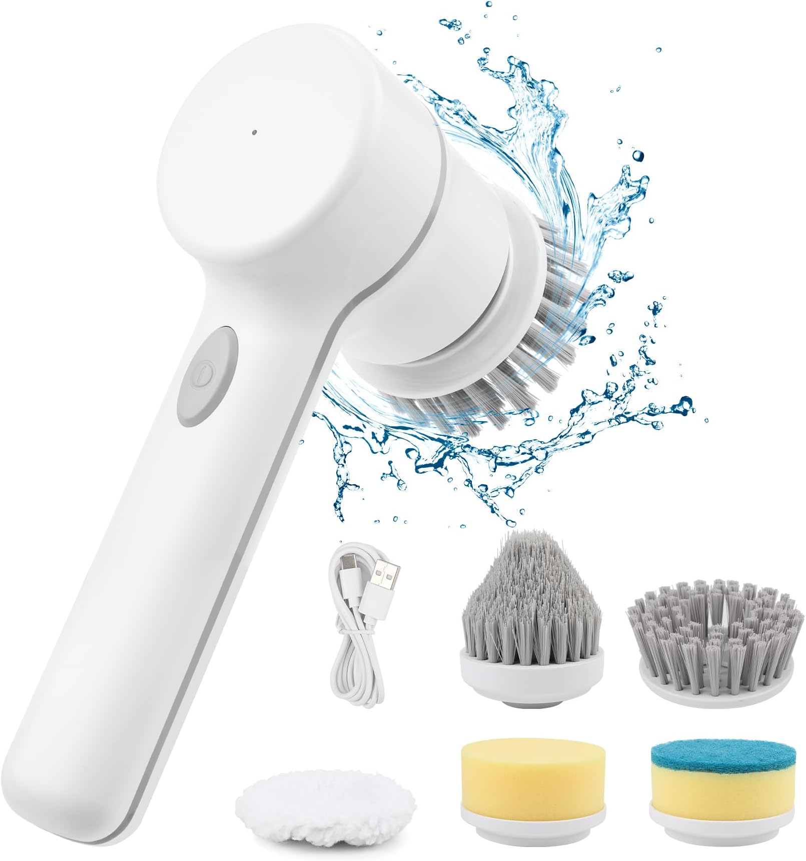 Electric Spin Scrubber Cordless Power Cleaning Brush with 5 Replaceable Brush Heads Rechargeable Scrubber for Bathroom Tub Sink Kitchen Dishes Tile Window Floor Grout, White