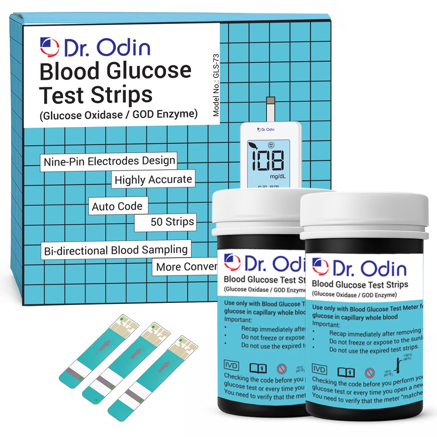GLS-73 GOD Glucose Test Strips, 2x25 Strips, GOD WHITE Meter Compatible, Bi-Directional Sampling, Auto Coding, Hygienic and Accurate (50 Test Strips)