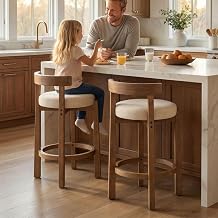 HNY Modern Linen Counter Stools Set of 2, Upholstered 26.5" Counter Height Barstools with Natural Wood Legs Mid Century Round Kitchen Stools with Low Back Footrest for Dining Room Cafe, Beige