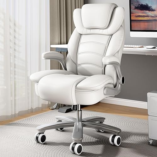 GYI Silla de oficina grande y alta, asiento ancho de 400 libras, silla ergonómica de cuero con respaldo alto y brazos abatibles, color blanco