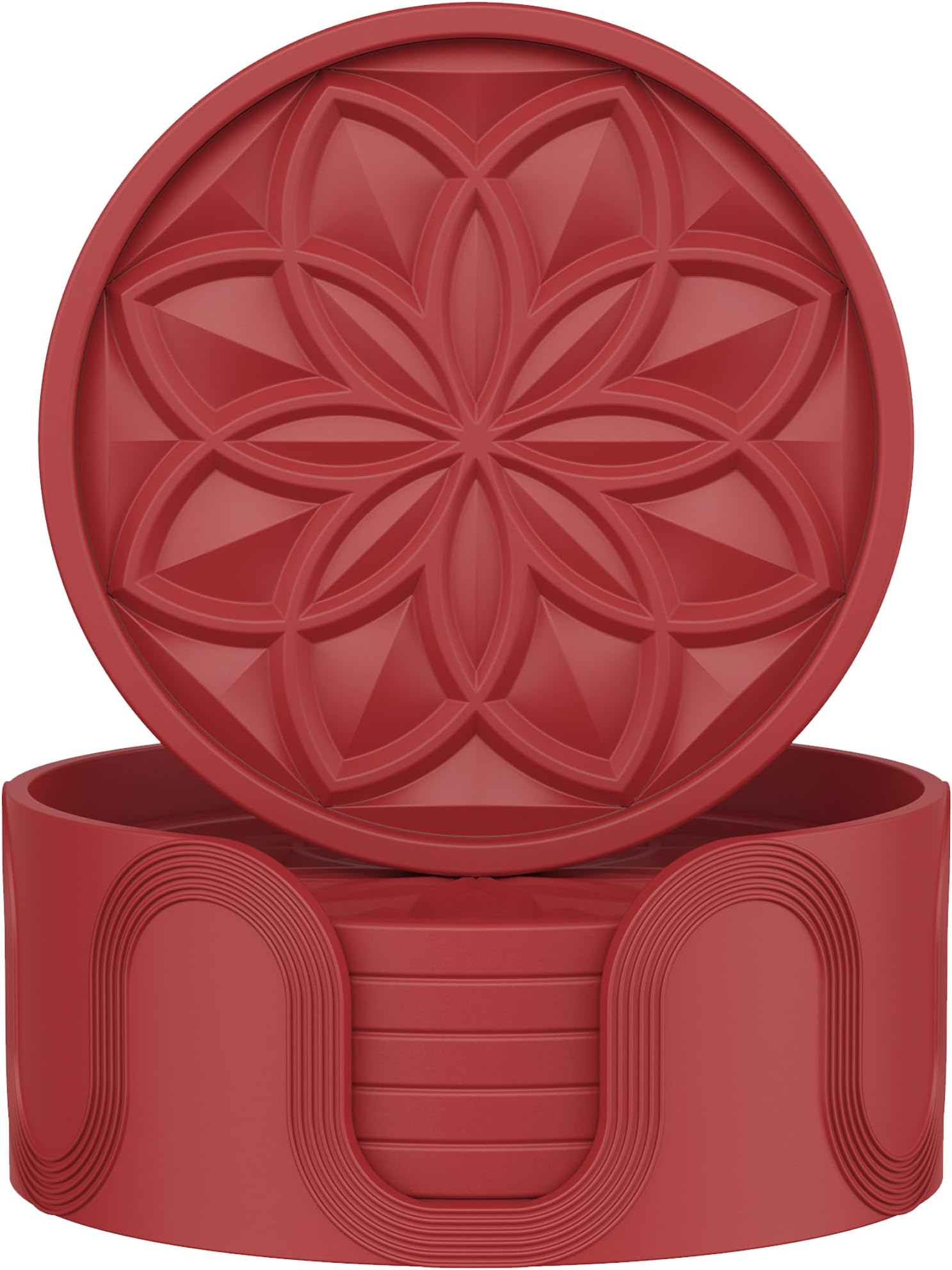 HFHOME Silicone Coasters Set with Holder - 6 Pack Drink Coasters for Coffee Table, Bar, Desk - Tabletop Protection Gift - Red