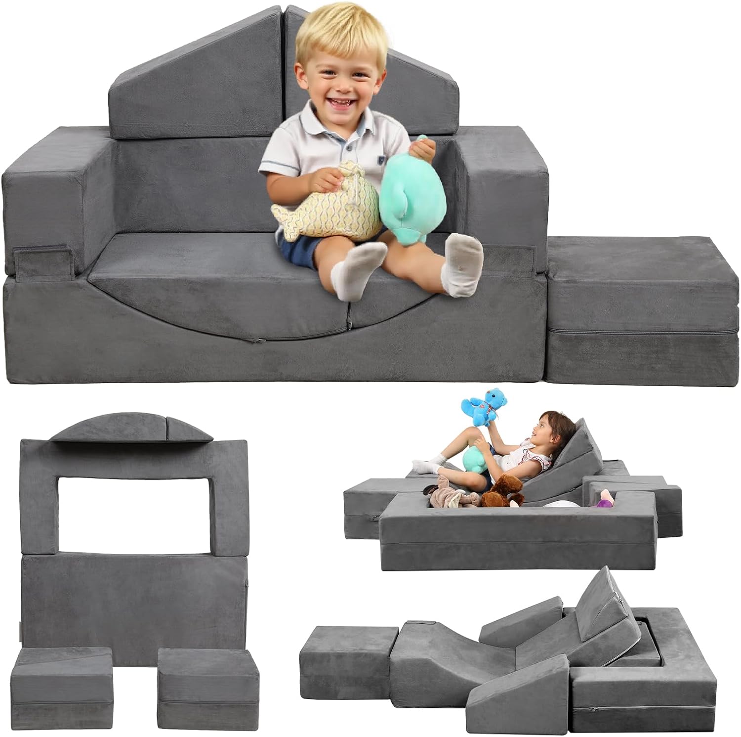Modular Kids Play Couch, Kids Sofa Toddler Couch, Foam Play Set with Recliner, Toddler Sofa for Creative Boys & Girls, Convertible Foam Climbing Blocks
