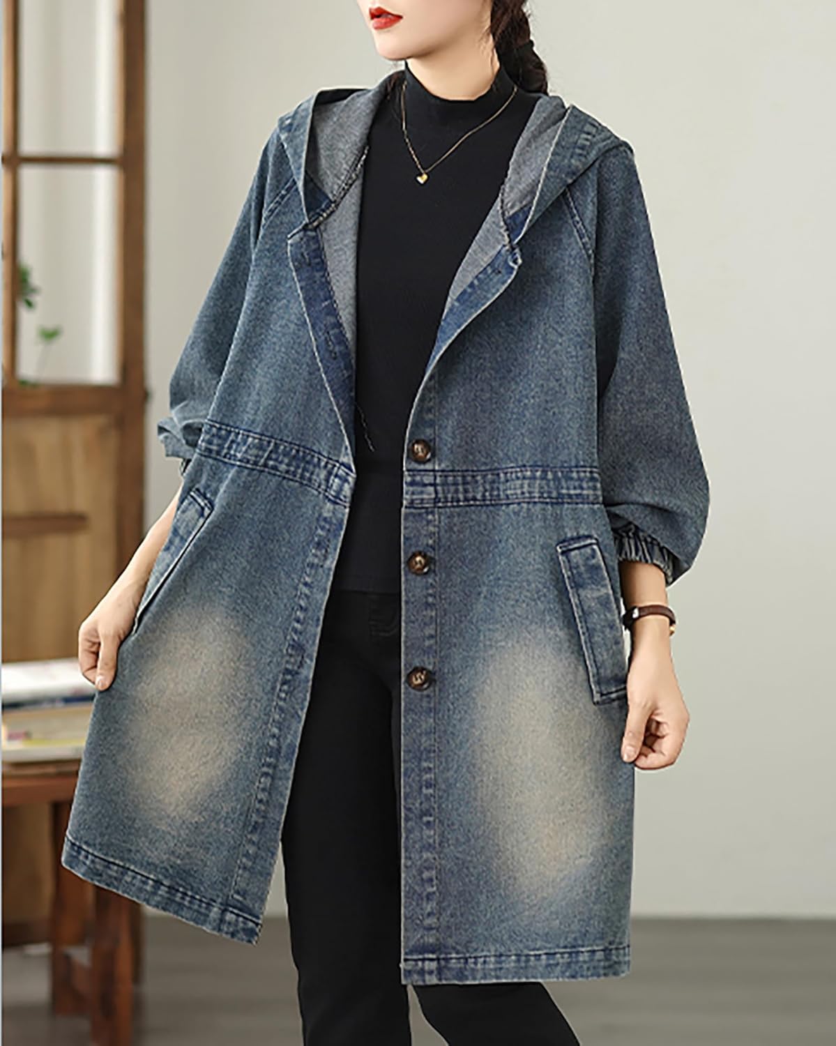 ellazhu Women's Coats Windbreaker Hooded Button Down Long Sleeve Side Pockets GZ740 A