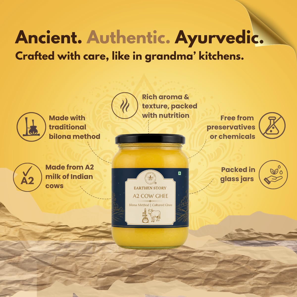 Earthen Story Ghee A2 de Gir Cow 1L | Probado en laboratorio para más de 250 pesticidas | Método tradicional Bilona de cuajada | Ghee de vaca védico puro A2 en tarro de vidrio