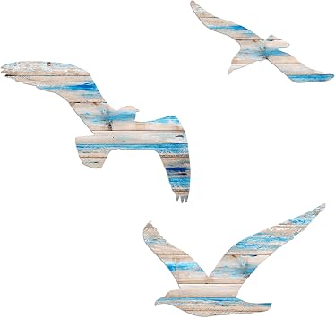 AWISBI 3Pcs Nautical Coastal Beach Wall Sculpture Decor with Delicate Seagull Accents for Home, Living Room, Bathroom