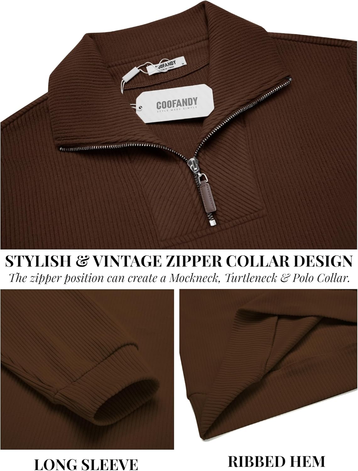 COOFANDY Men's Quarter Zip Up Pullover Mock Neck Long Sleeve Sweater Casual Corduroy Polo Sweatshirt - Image 6