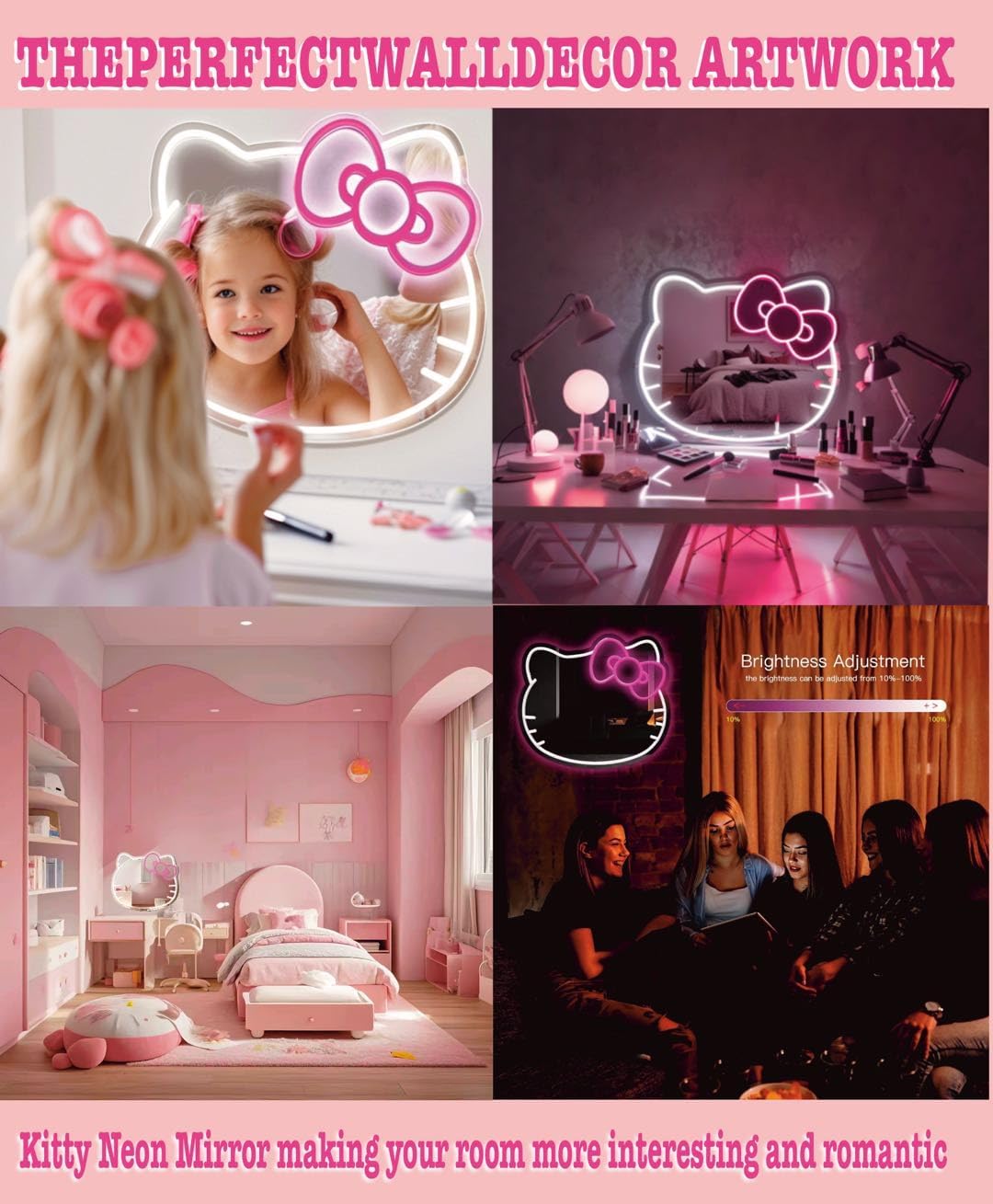 GALLIA Anime Hello Kit Mirror Vanity, Neon Mirror with Dimmable LED Lights, Perfect for Teen Girl Gift, Room Decor, 14.6" x 12.2" - Image 2