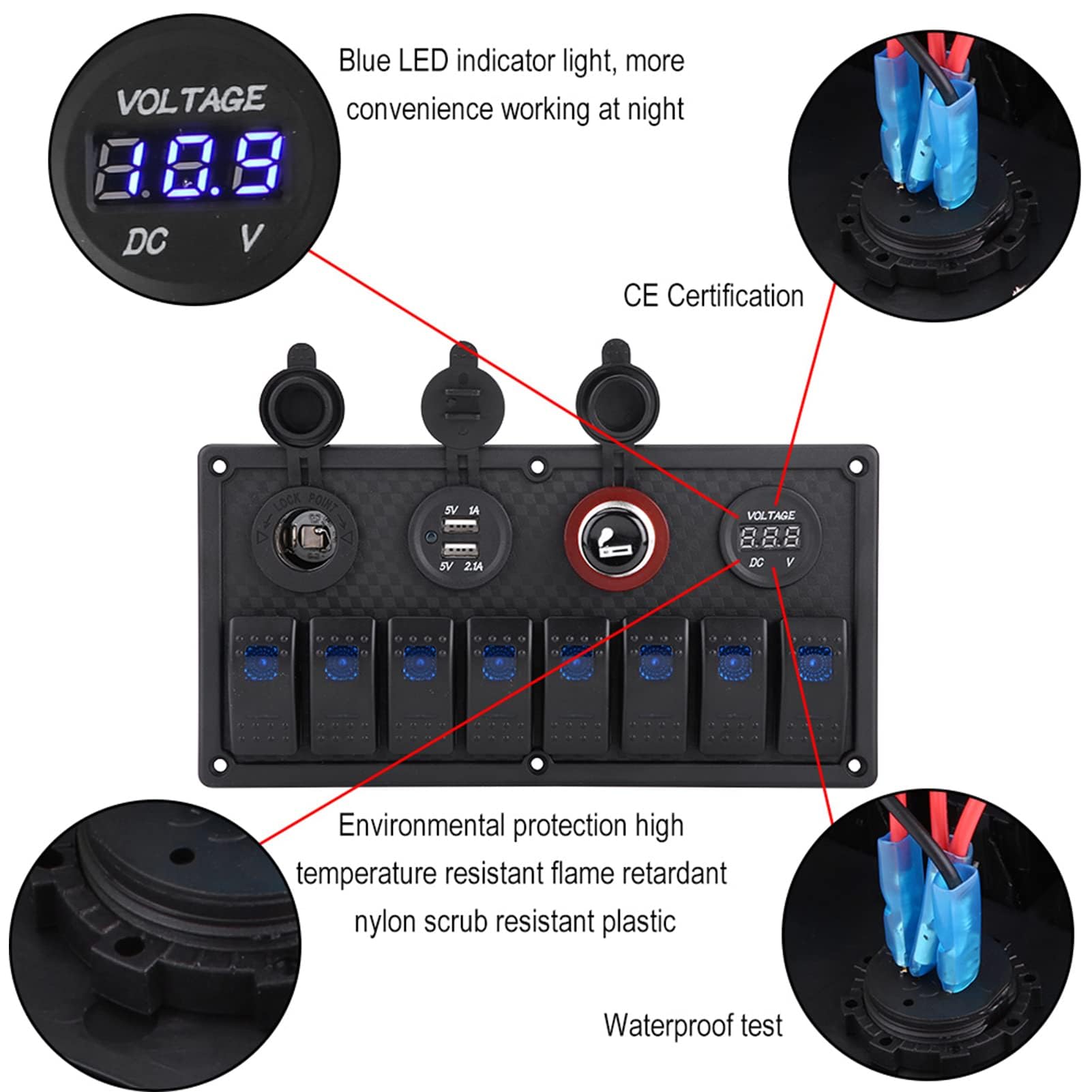 Interruptor De Palanca De 8 Bandas, Panel De Interruptor Basculante De 12V Y 24V Con Luz LED Y Cubierta Abatible, Placa De Interruptor De Encendido/apagado, Voltímetro USB, Encendedor De Cigarrillos